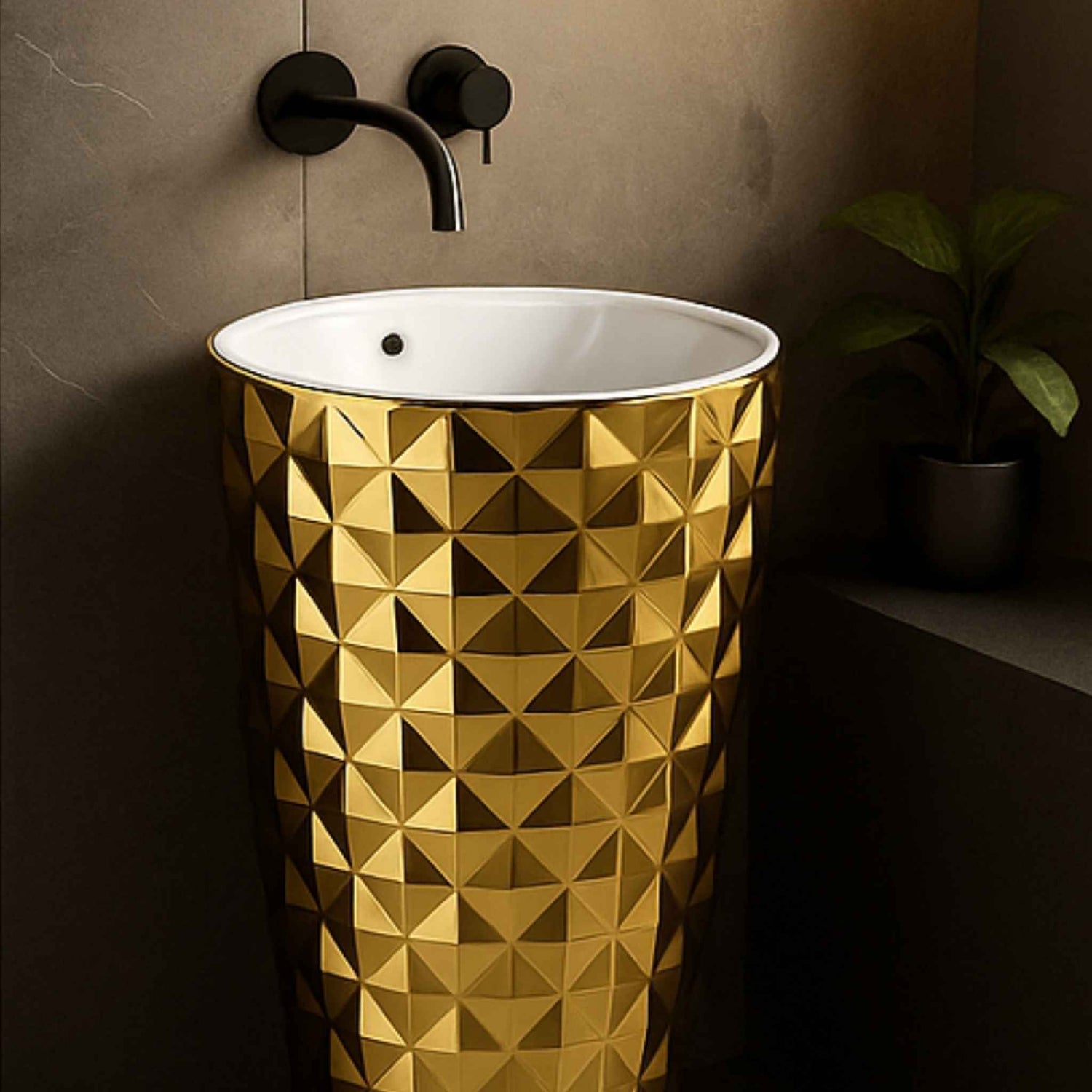 Gold pedestal washbasin placed in a luxury marble bathroom – AFffordfitting