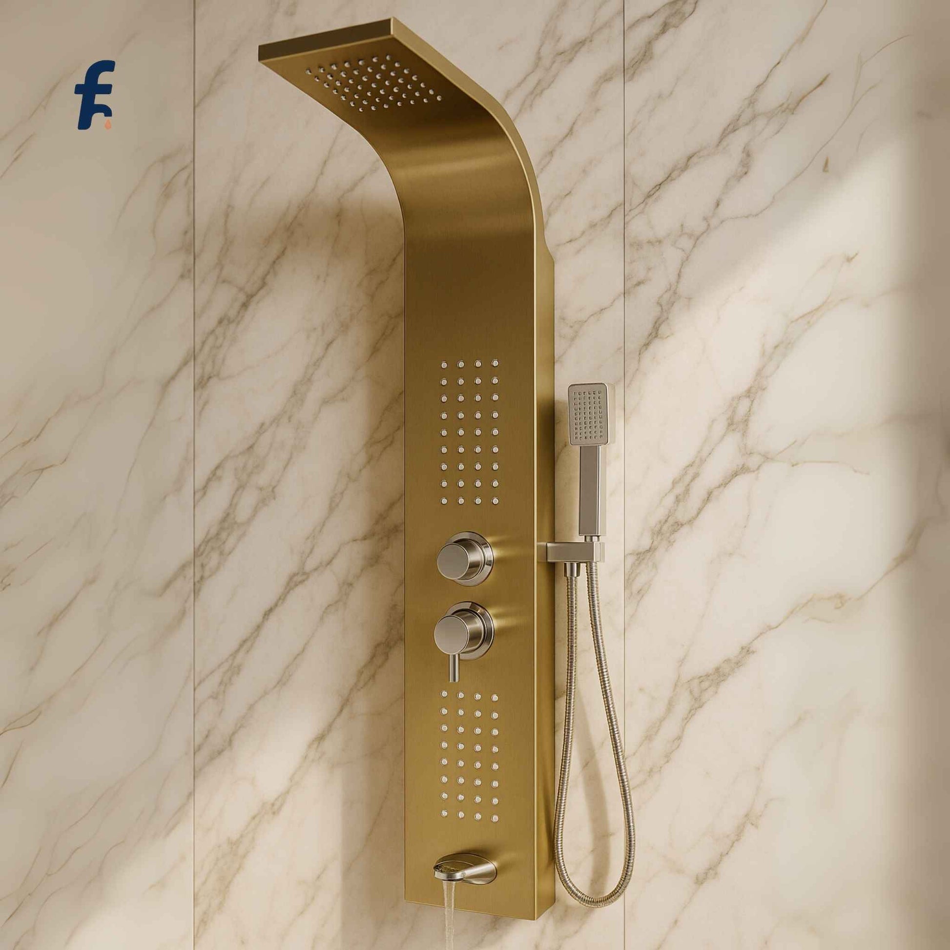 Close-up image of premium gold shower panel showing rain shower and massage jets