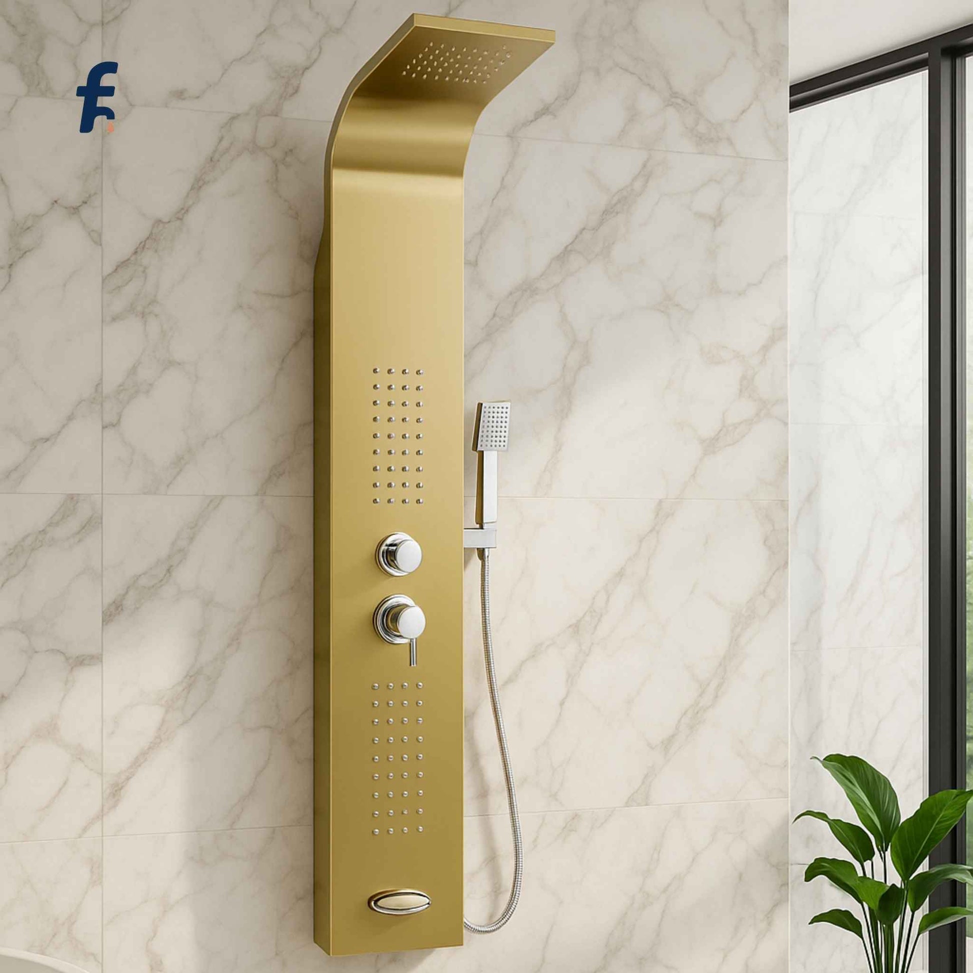 Gold shower panel system mounted on a marble wall with a plant in the corner.
