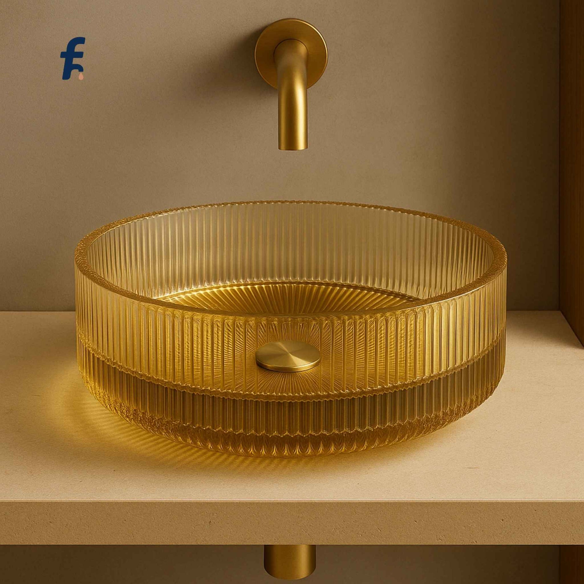 Gold glass textured washbasin with matching faucet on a beige background