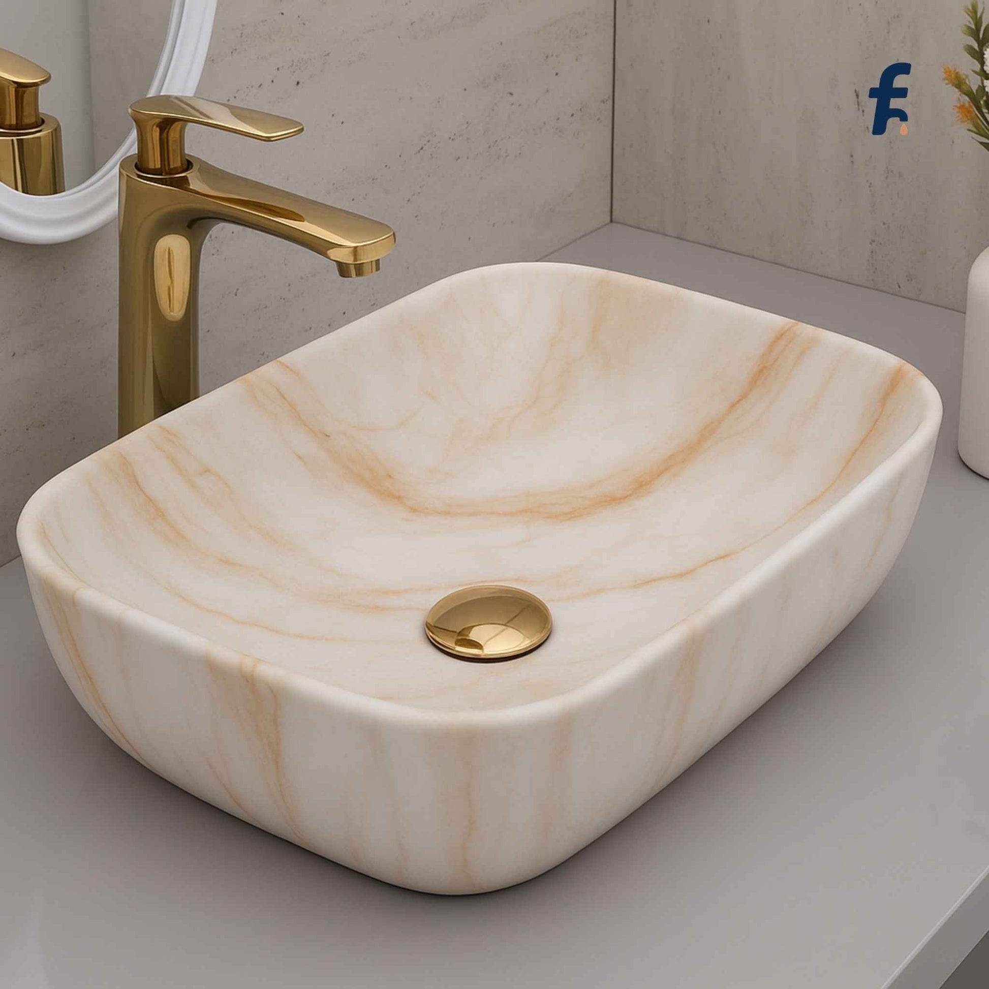 Marble-patterned sink with gold faucet on a bathroom counter, 18x13 golden marble finish wash basin front angle with gold faucet – Affordable Series