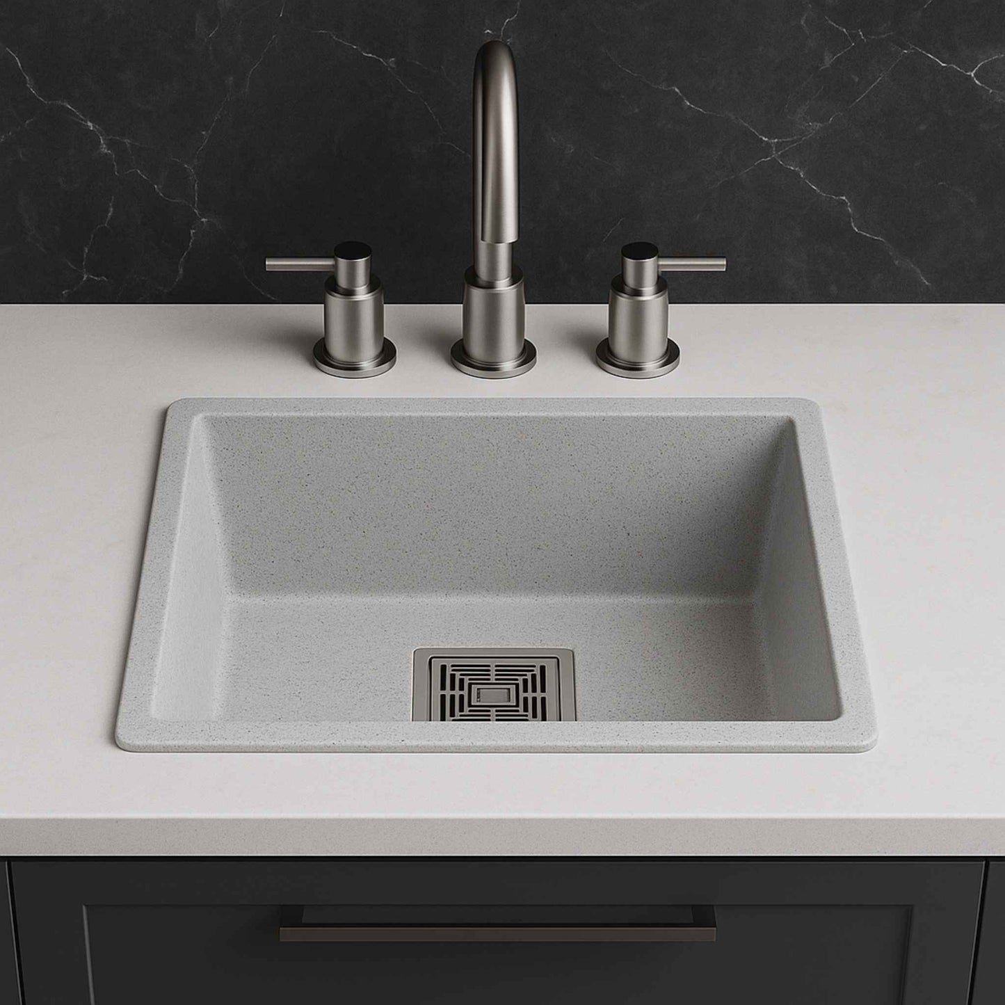 Full kitchen view featuring grey granite sink with dark Calacatta marble countertops