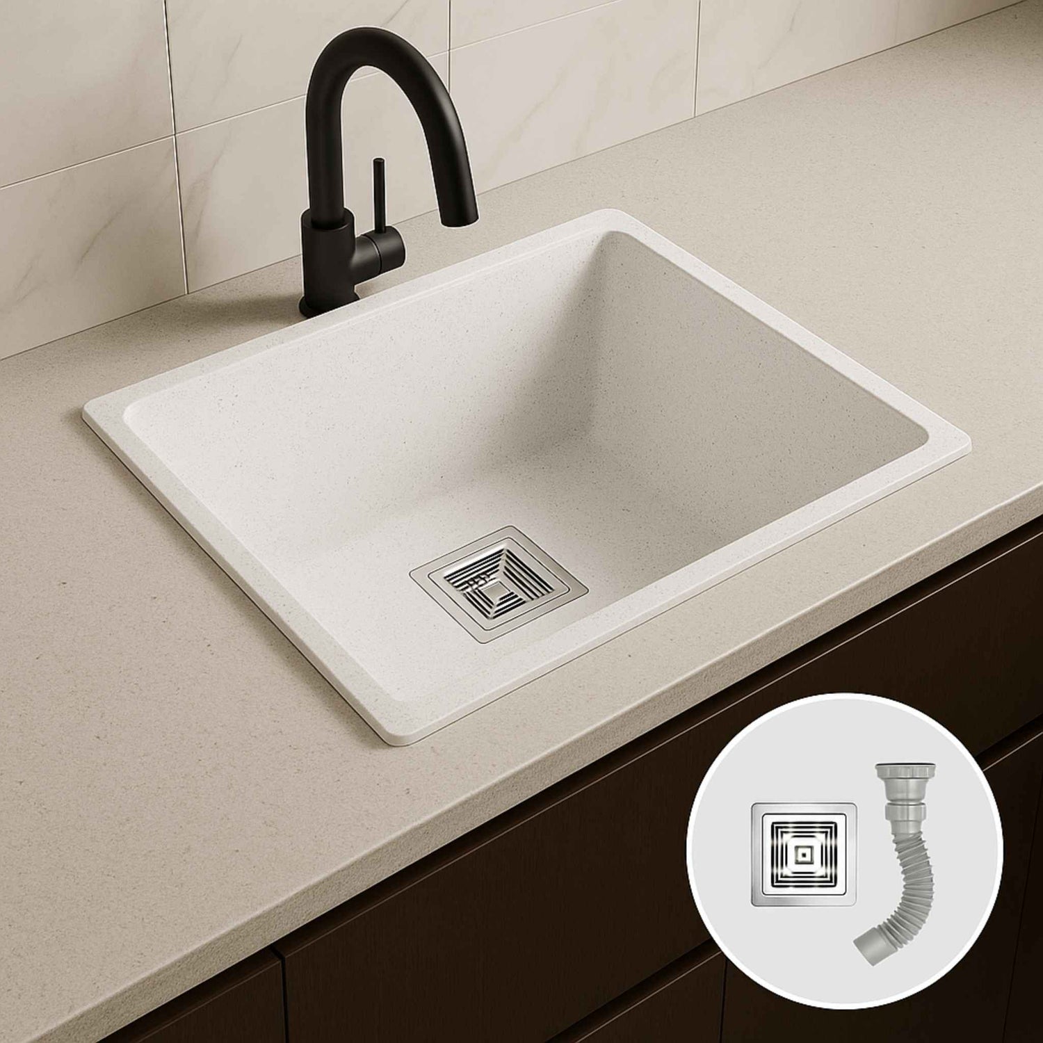 Top view of Graniridge Series white granite single bowl kitchen sink showing spacious basin
