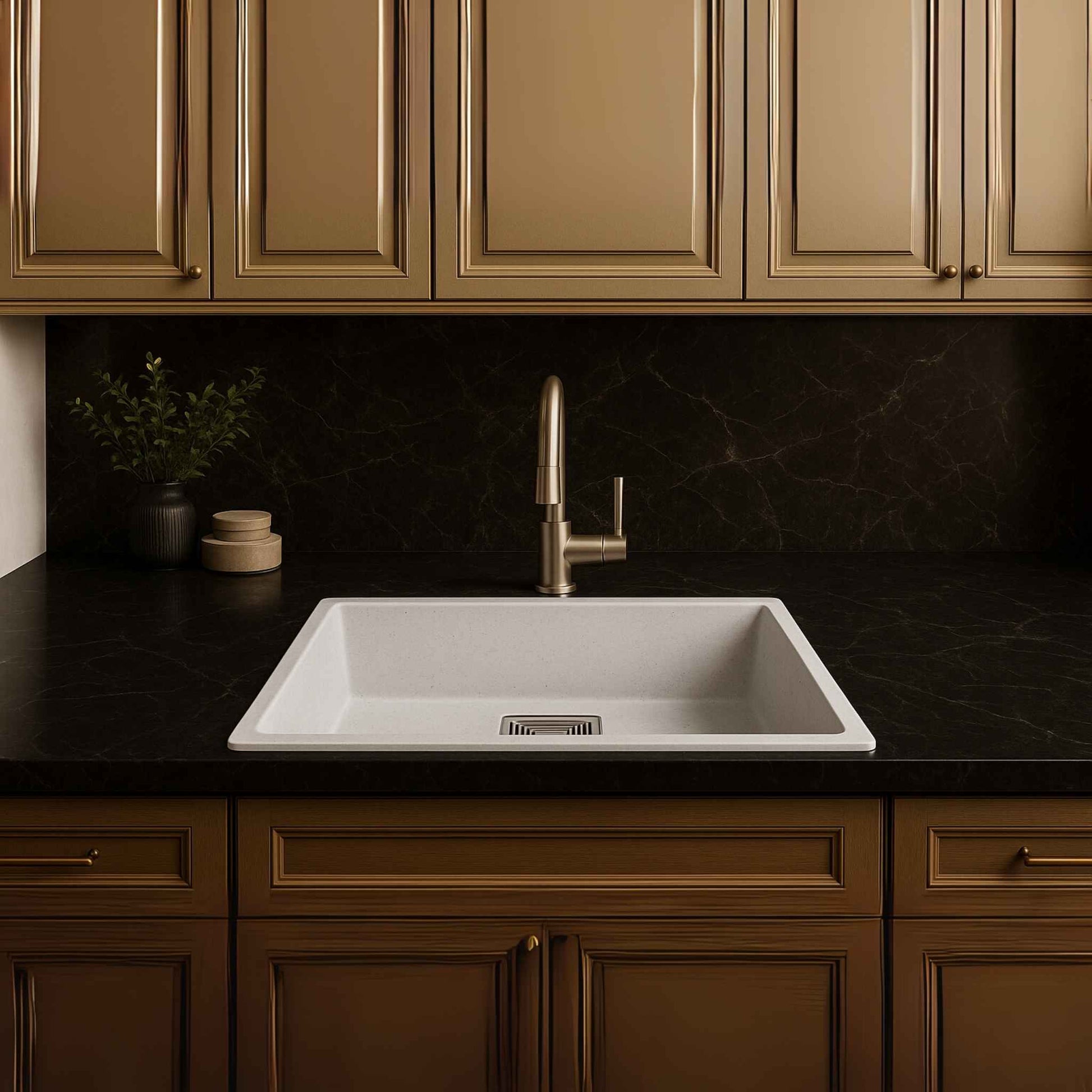 Full kitchen view showcasing white granite sink with dark grey Italian marble platform