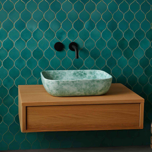  Front view of green marble finish rectangular wash basin on wooden vanity