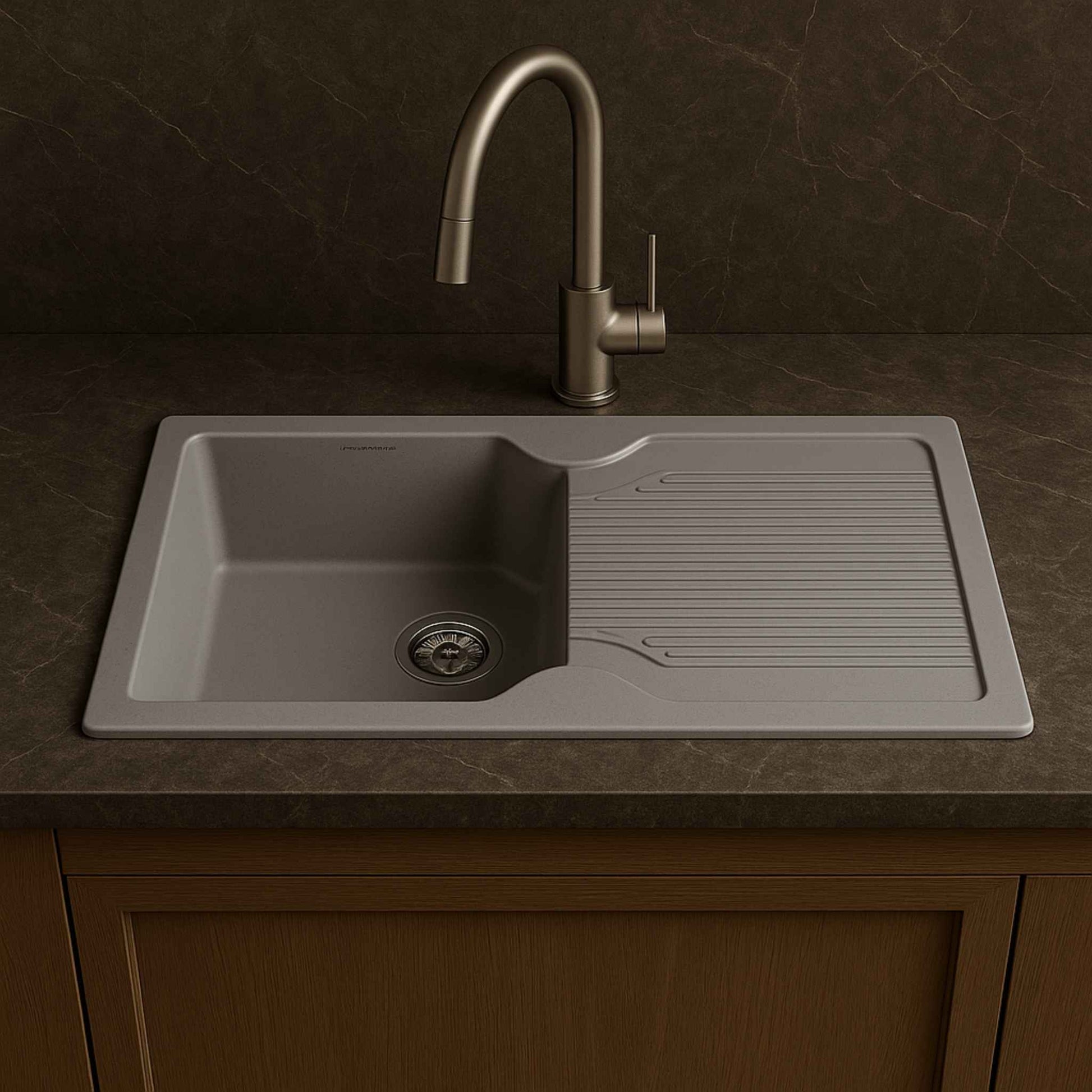 Full kitchen view featuring grey granite kitchen sink in a luxury modular kitchen with satvario marble
