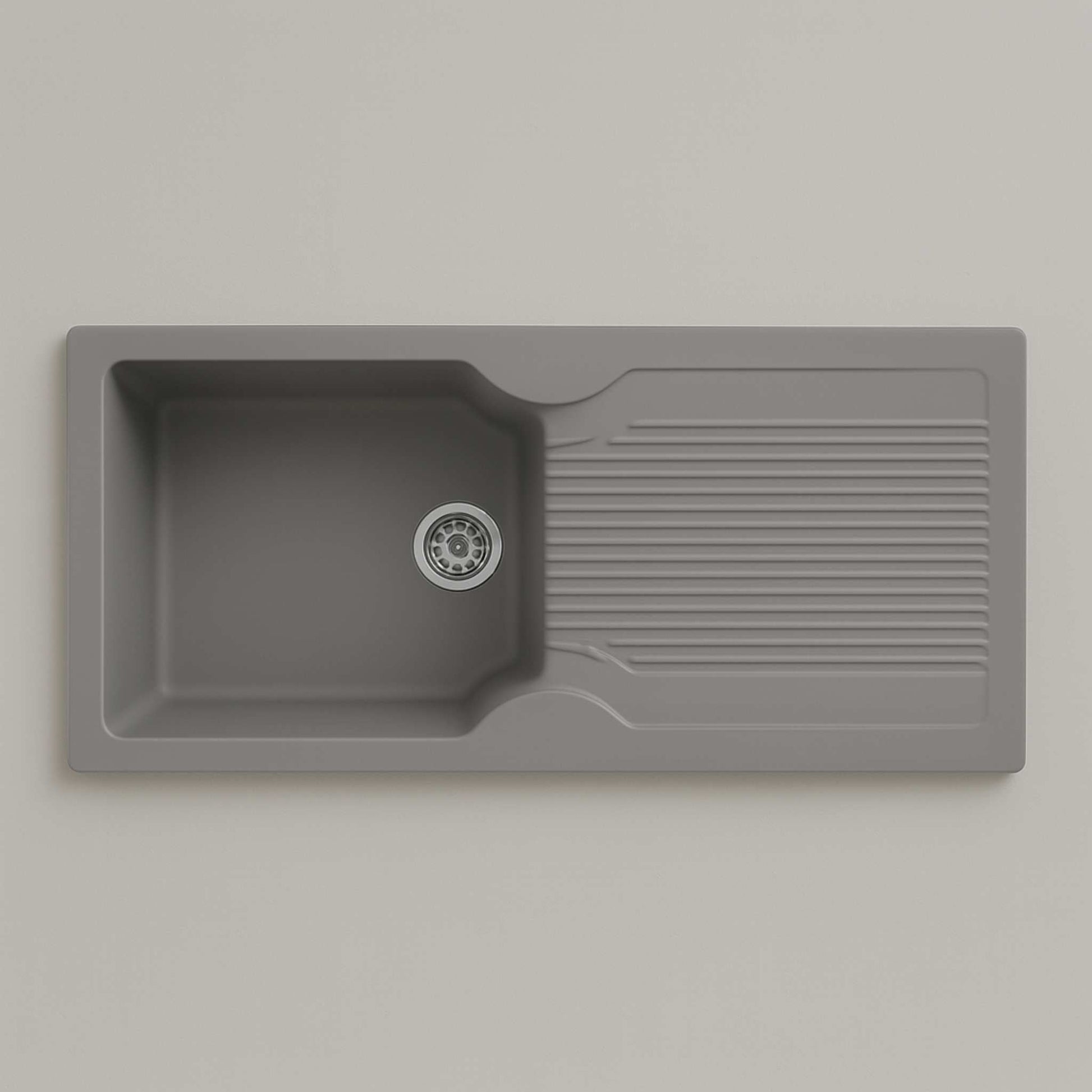 Top view of 36x18x9 inch grey granite kitchen sink with draining panel – single bowl design
