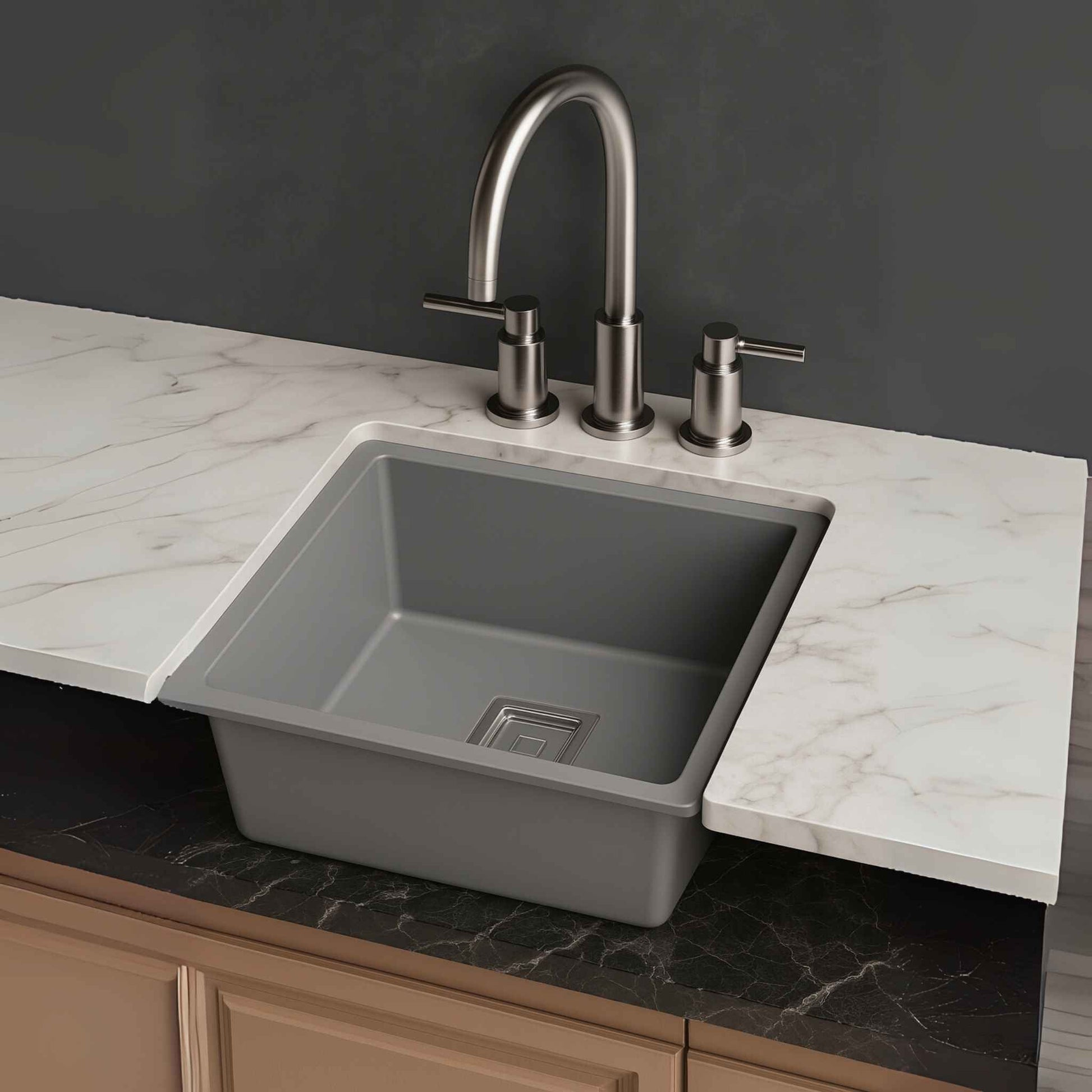 Side angle of luxury grey kitchen sink 18x24x9 with black marble countertop finish