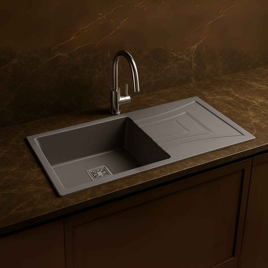 Grey metallic quartz kitchen sink with 36x18x9 inch dimensions, placed in a luxurious Italian kitchen with granite countertop and modern faucet