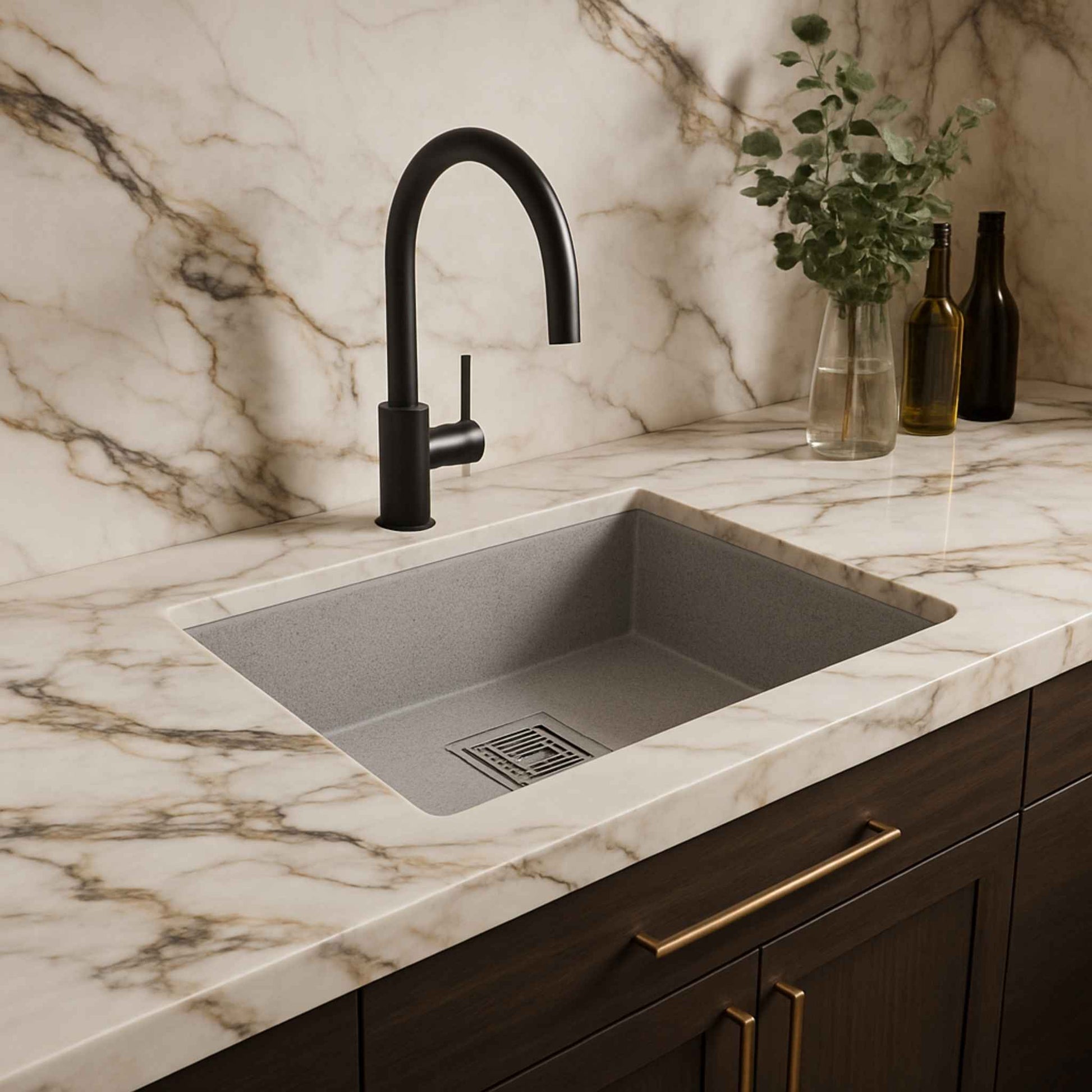 Side angle image of granite grey kitchen sink showing thickness and depth