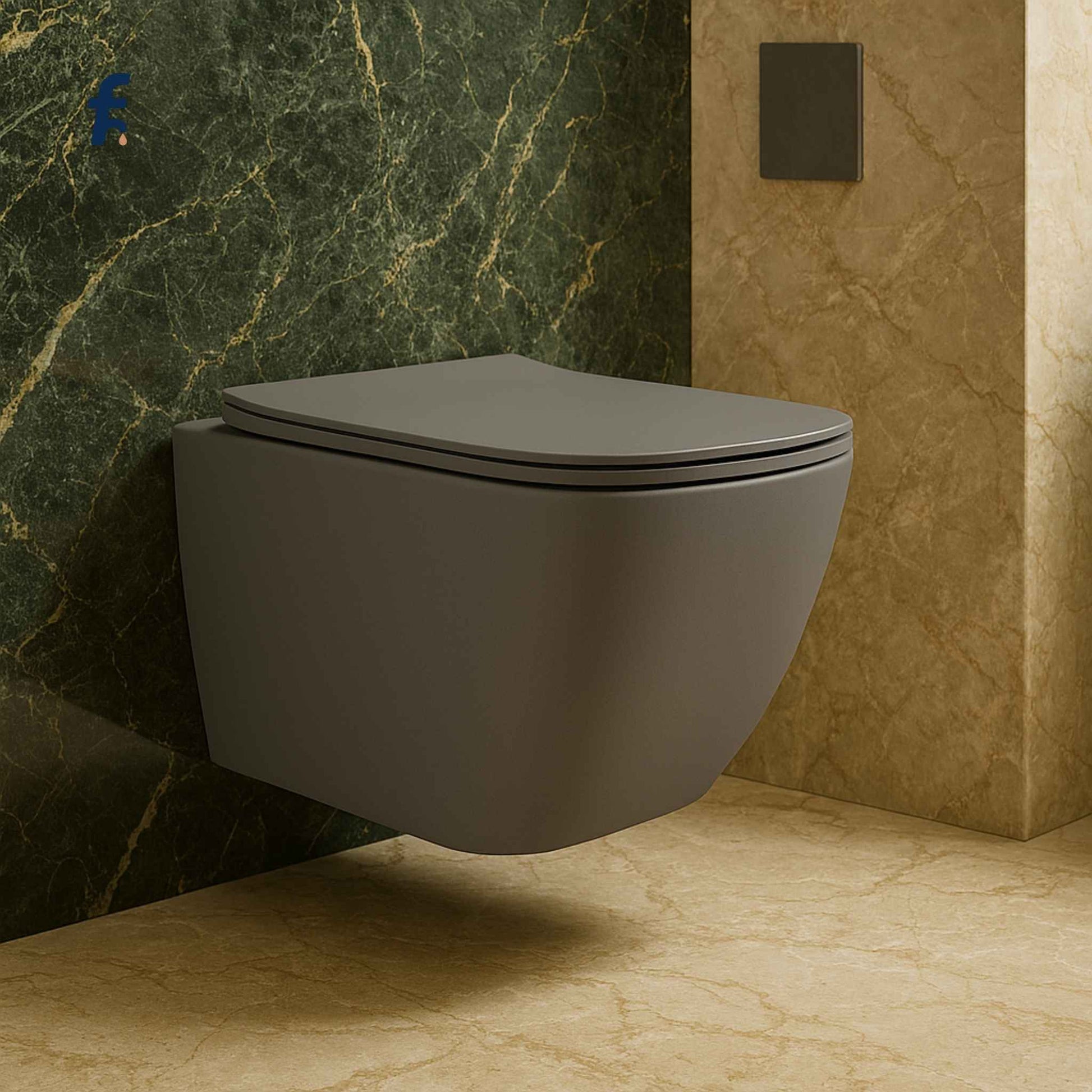 Wall-mounted gray toilet in a bathroom with green and beige marble walls.