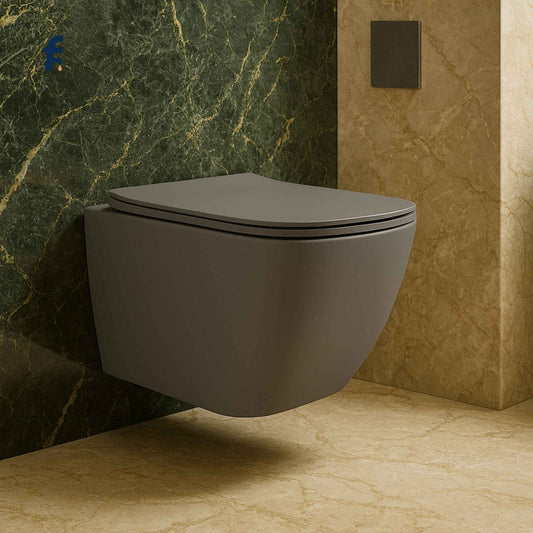 Wall-mounted gray toilet in a bathroom with green and beige marble walls.