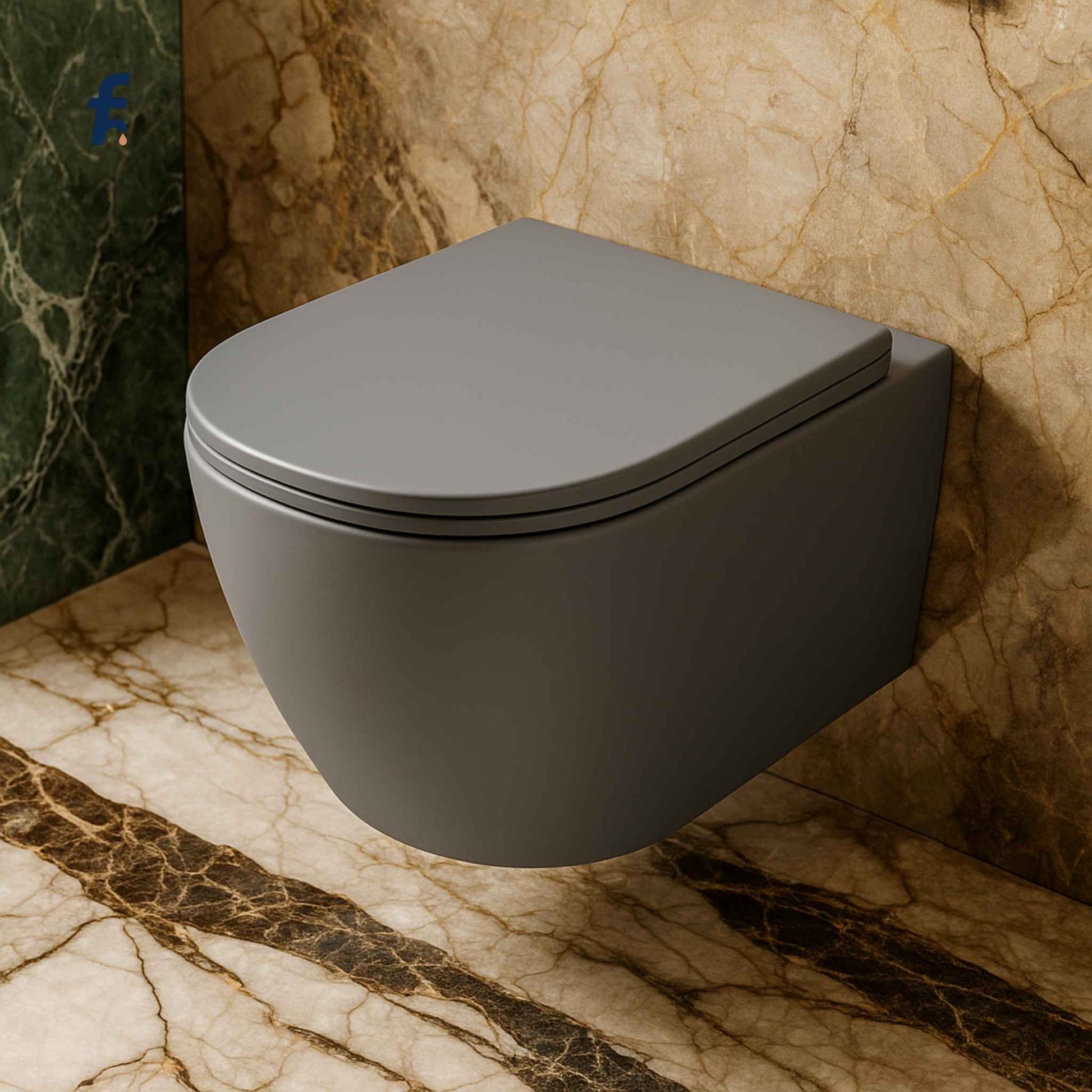 Wall-mounted gray toilet against a marble wall