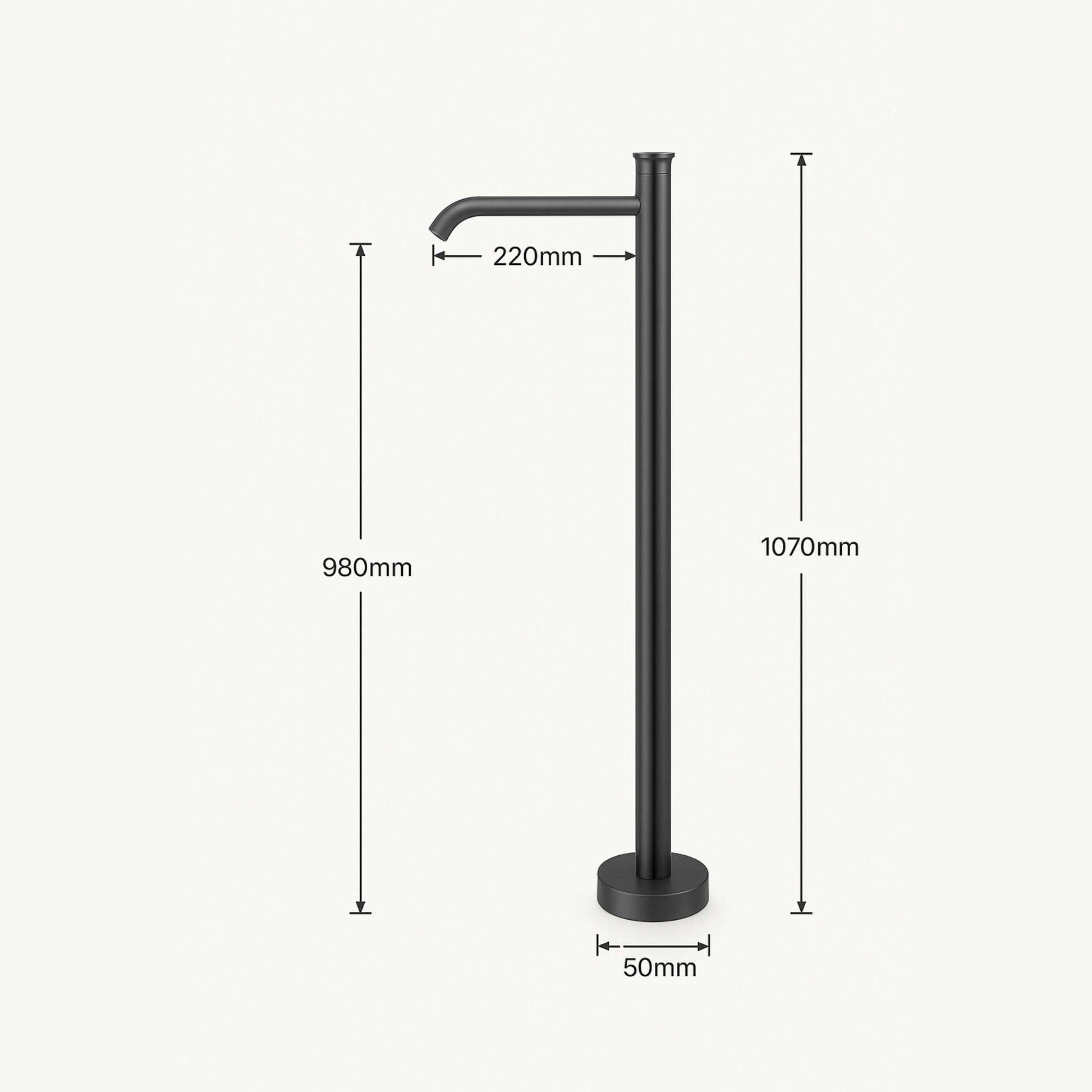 Dimension of gun metal freestanding basin mixer tap in a luxury bathroom setup