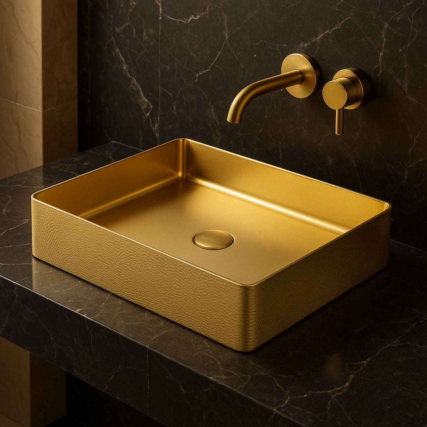Side view of PVD gold wash basin placed in a dark marble luxury bathroom