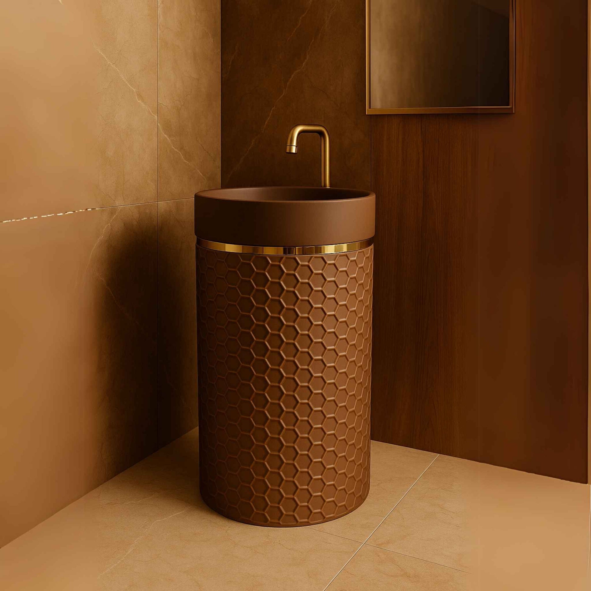Hexa Bronze Pedestal Wash Basin with Honeycomb Design in Luxury Setting