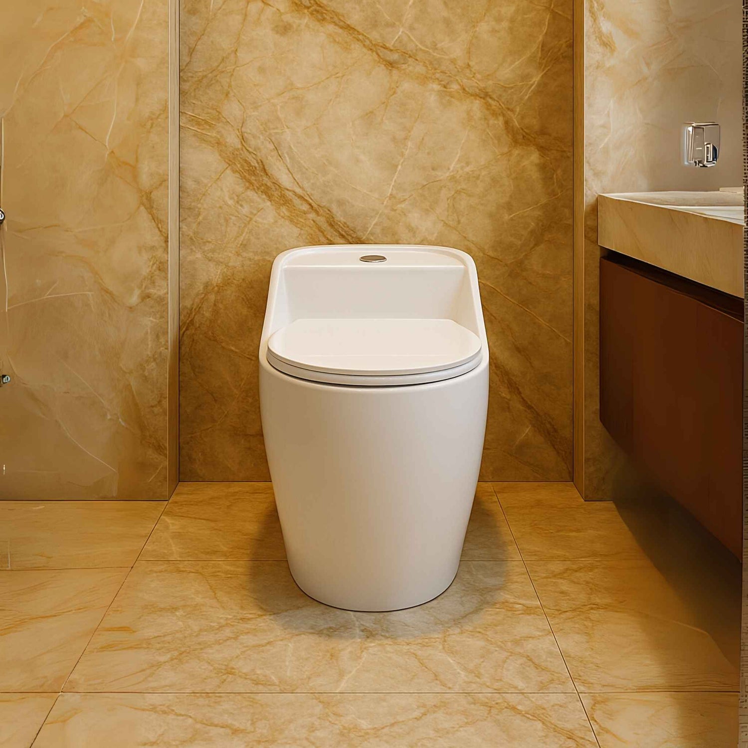  Front view of modern one-piece toilet with built-in tank