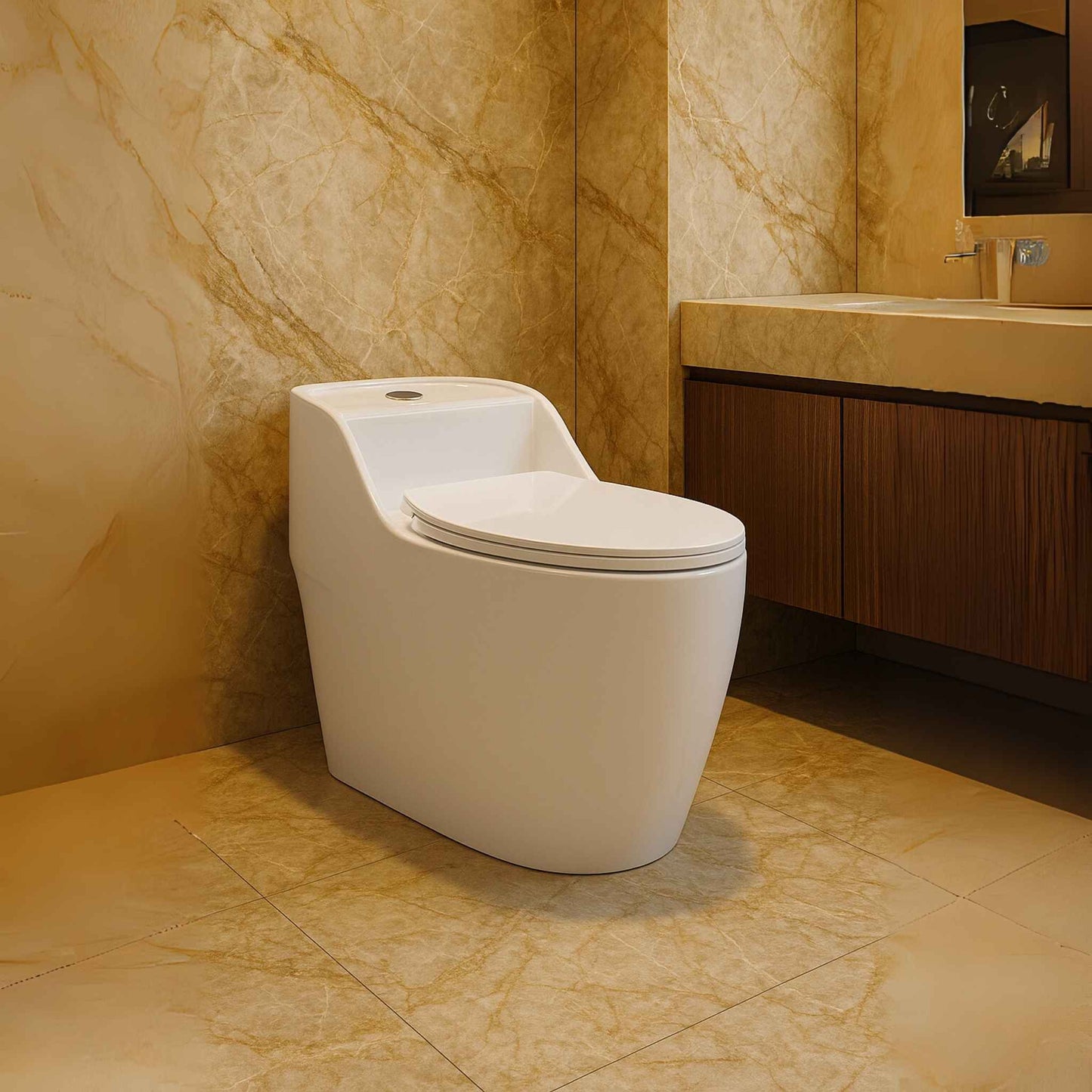 Right side angle of sleek rimless integrated toilet