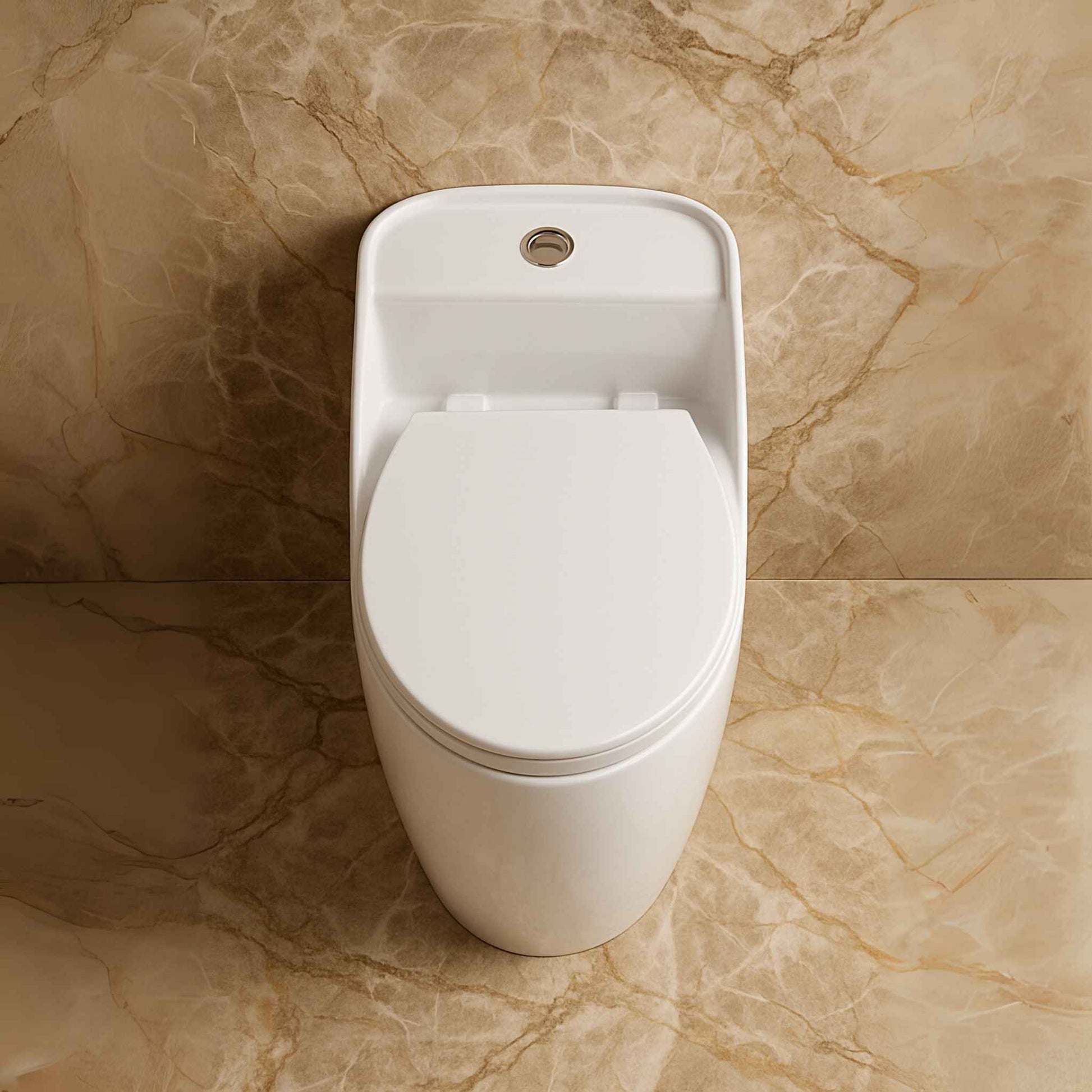 Top angle of toilet showing dual flush system and seat