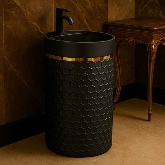 Jet black honeycomb pedestal basin front view with gold rim