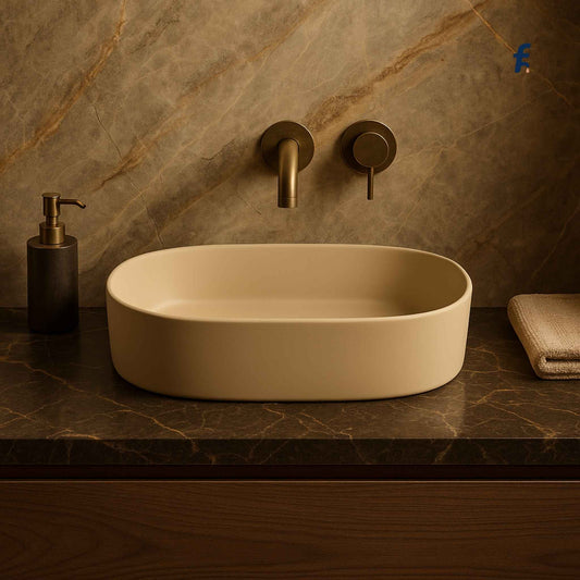 Beige oval ceramic wash basin on marble vanity