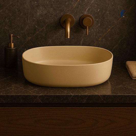 Khakhi-2 Beige Oval Wash Basin – Front View on Dark Marble Counter