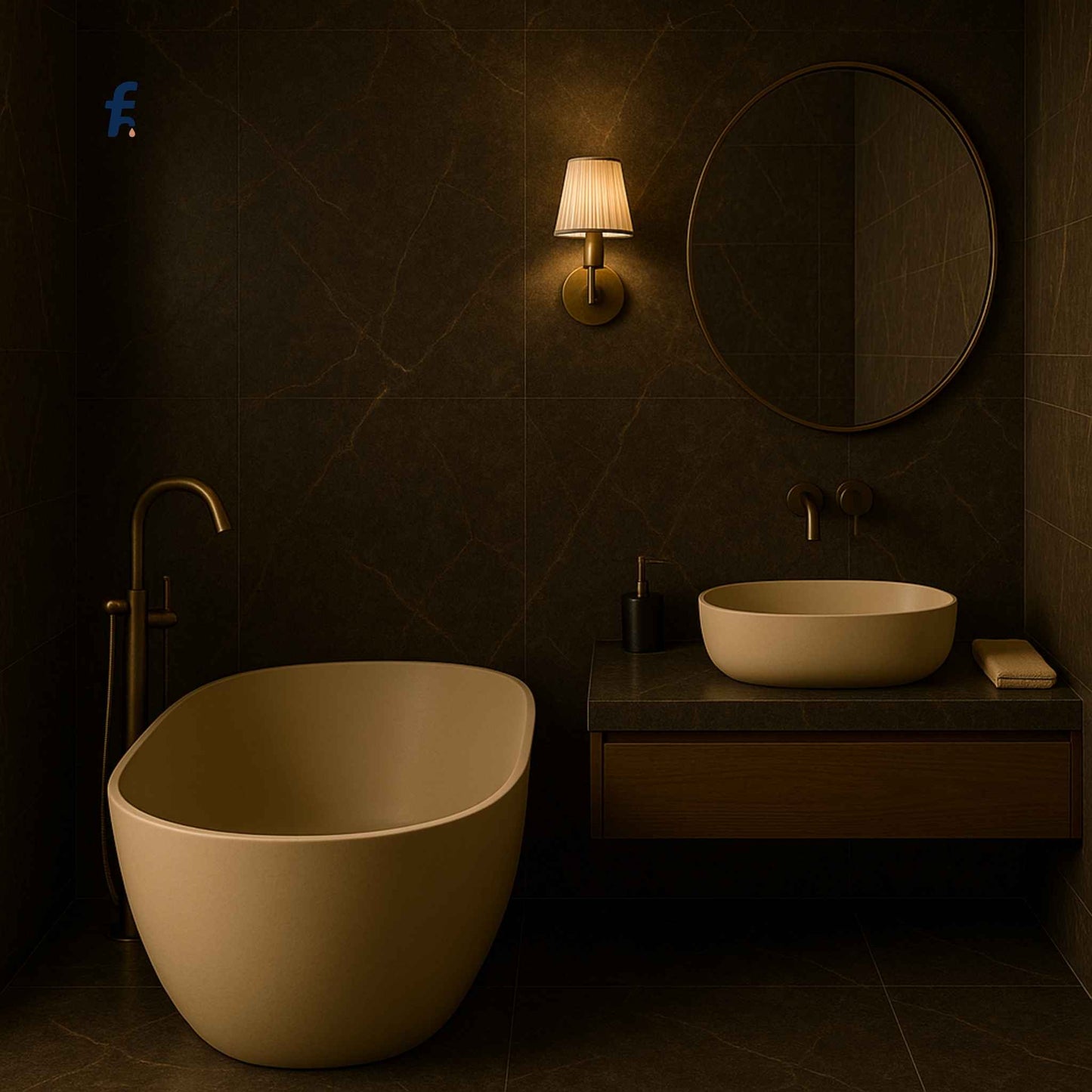 Modern bathroom with a freestanding bathtub and round mirror on a dark wall.