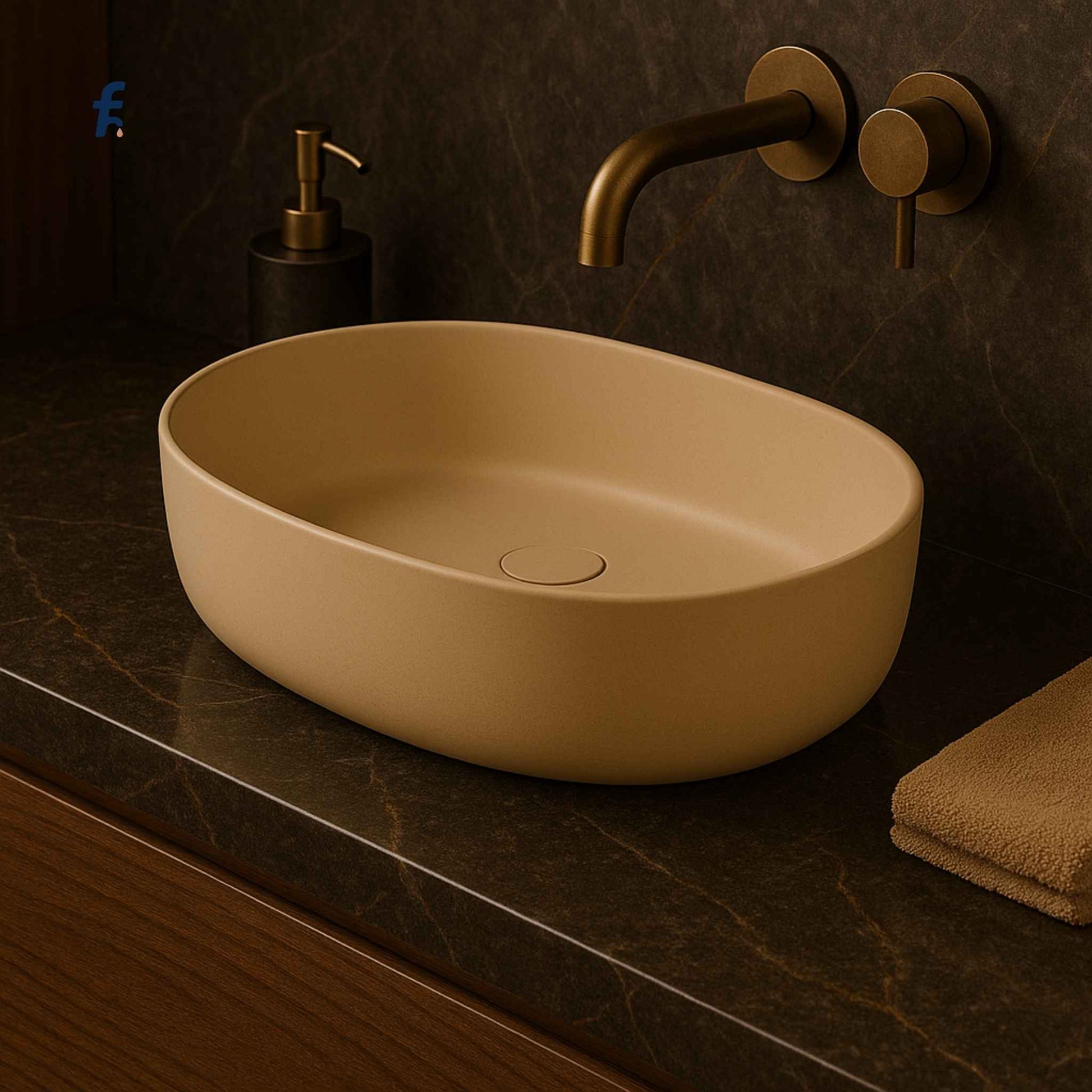 Side view of Khakhi Oval Beige Wash Basin with Wall-Mounted Faucet