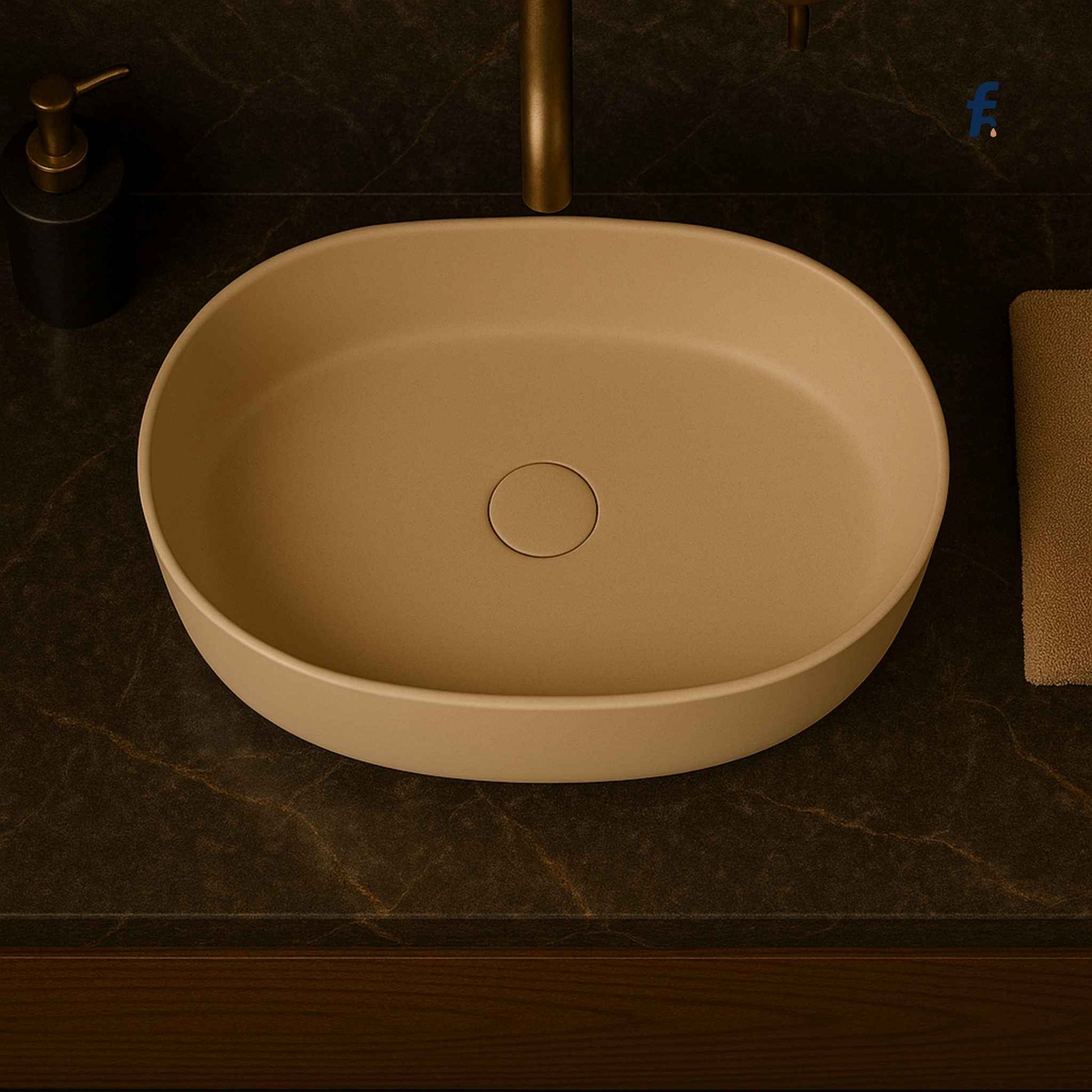 Top view of oval matte beige countertop basin in luxurious bathroom