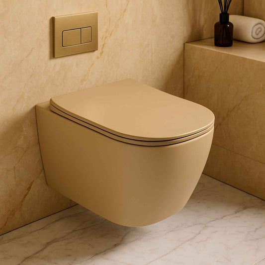 Front view of R2 Khakhi wall hung toilet in matte finish, mounted in a luxury bathroom