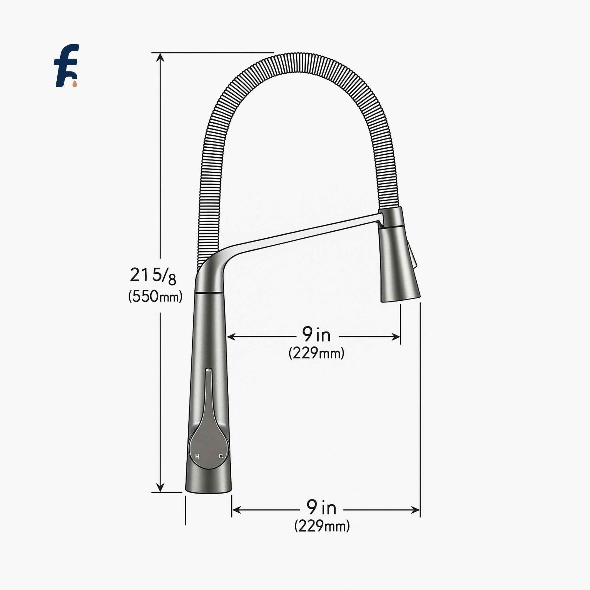 Measurement chart of a kitchen faucet with dimensions labeled