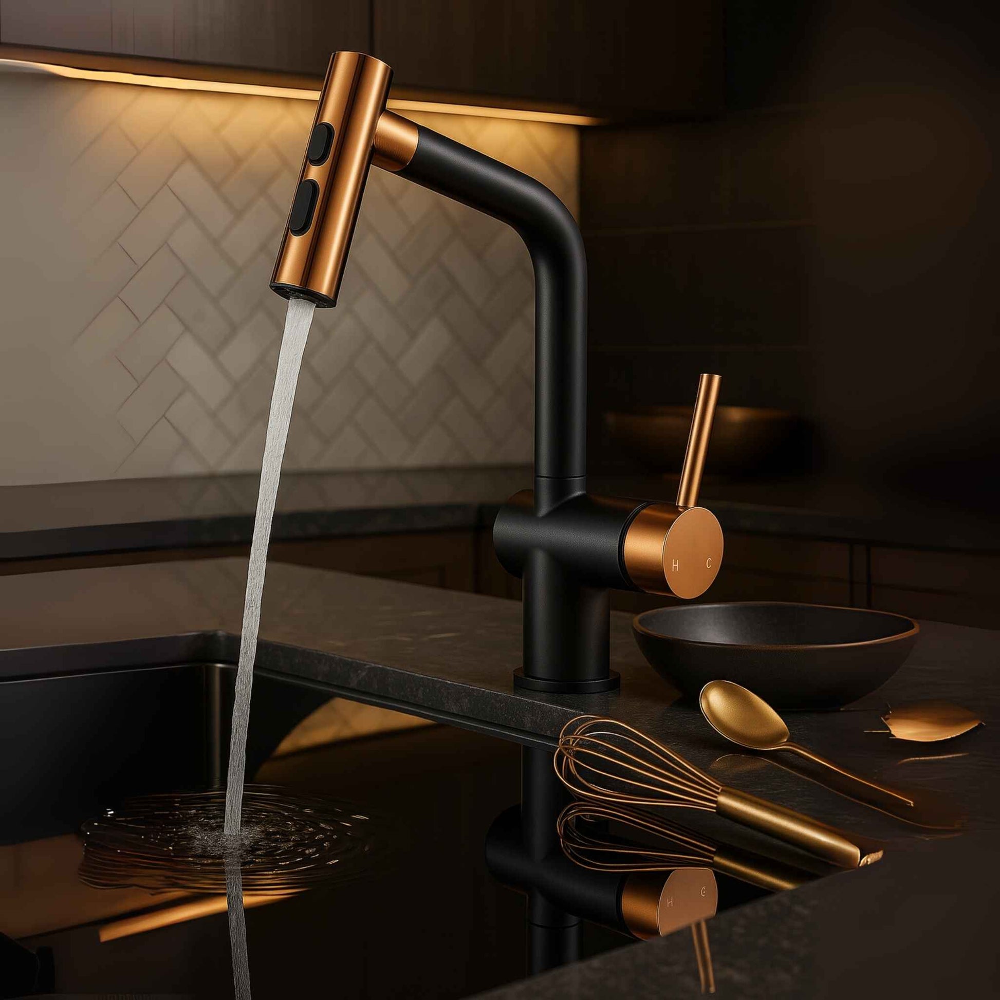 Luxury matte black and rose gold pull-out kitchen faucet in use with person cleaning dish under running water