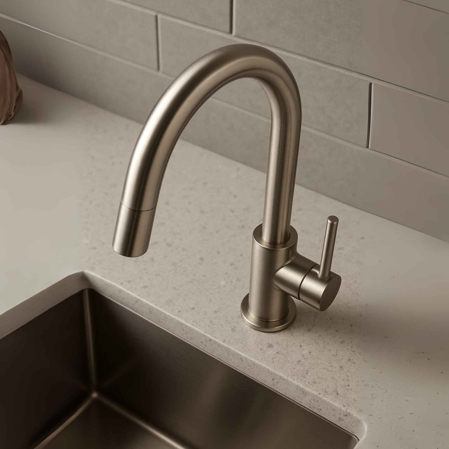 Kitchen sink tap brushed nickel high arc front view