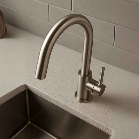 Kitchen sink tap brushed nickel high arc front view