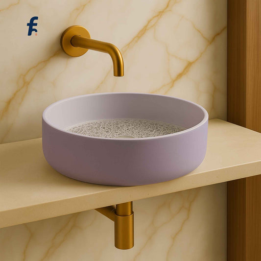  Front view of lavender glass wash basin 400x400mm with frosted texture and gold wall-mounted faucet – luxury designer sink