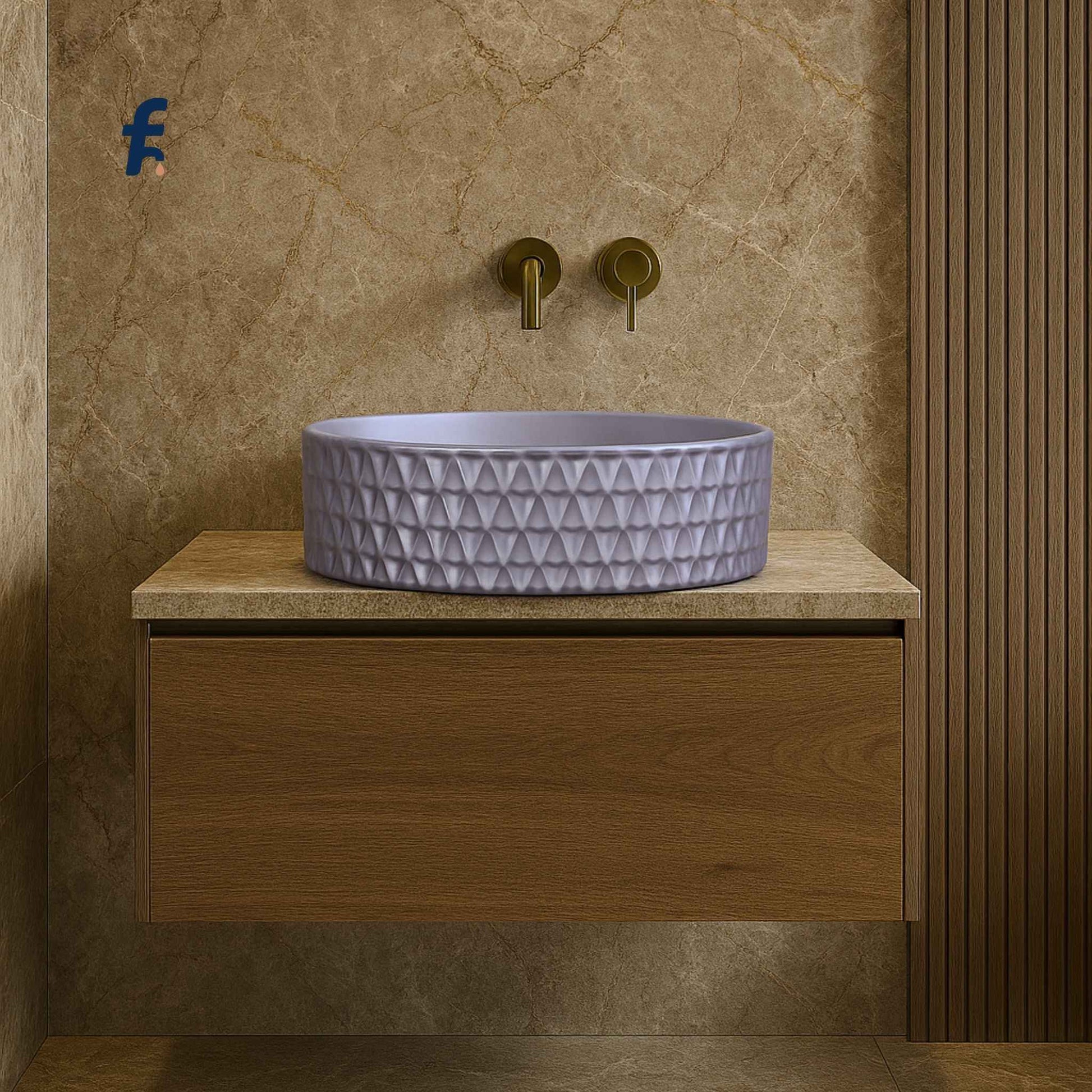  Front view of a lavender round textured ceramic wash basin with gold wall-mounted faucet in a luxurious modern bathroom.