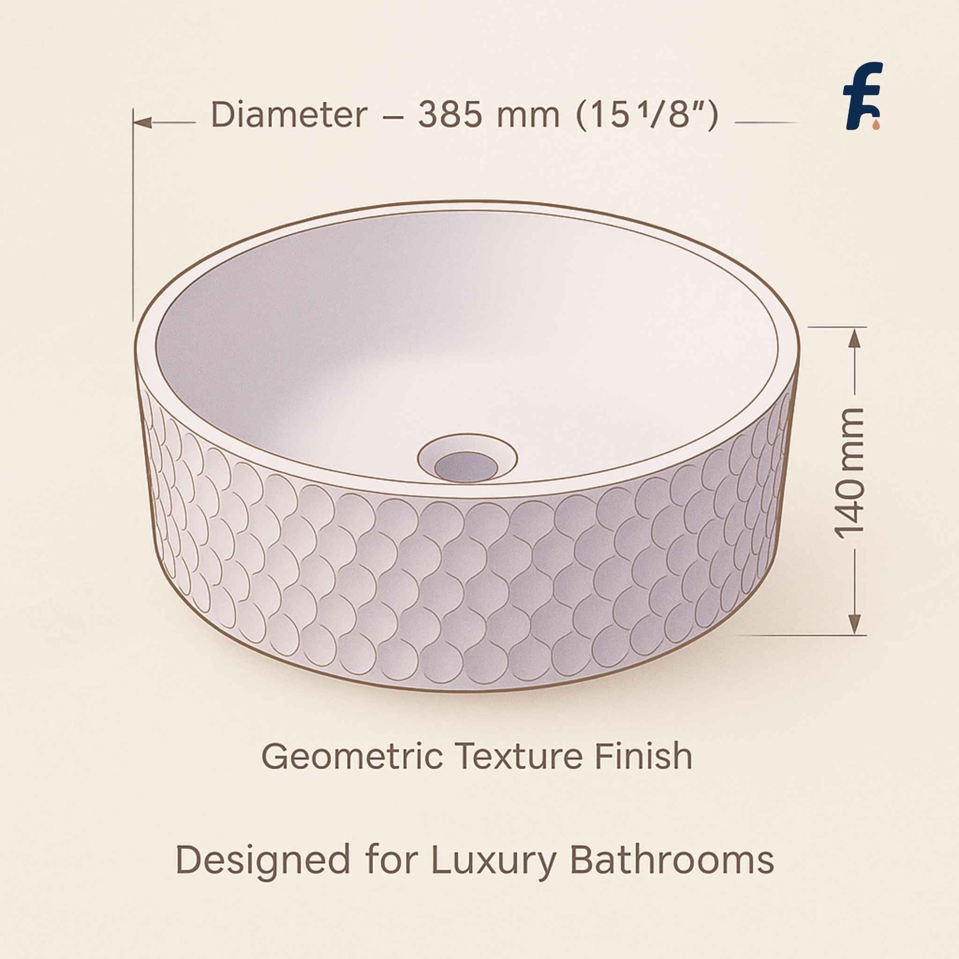 Ceramic sink with geometric texture finish and dimensions on a beige background