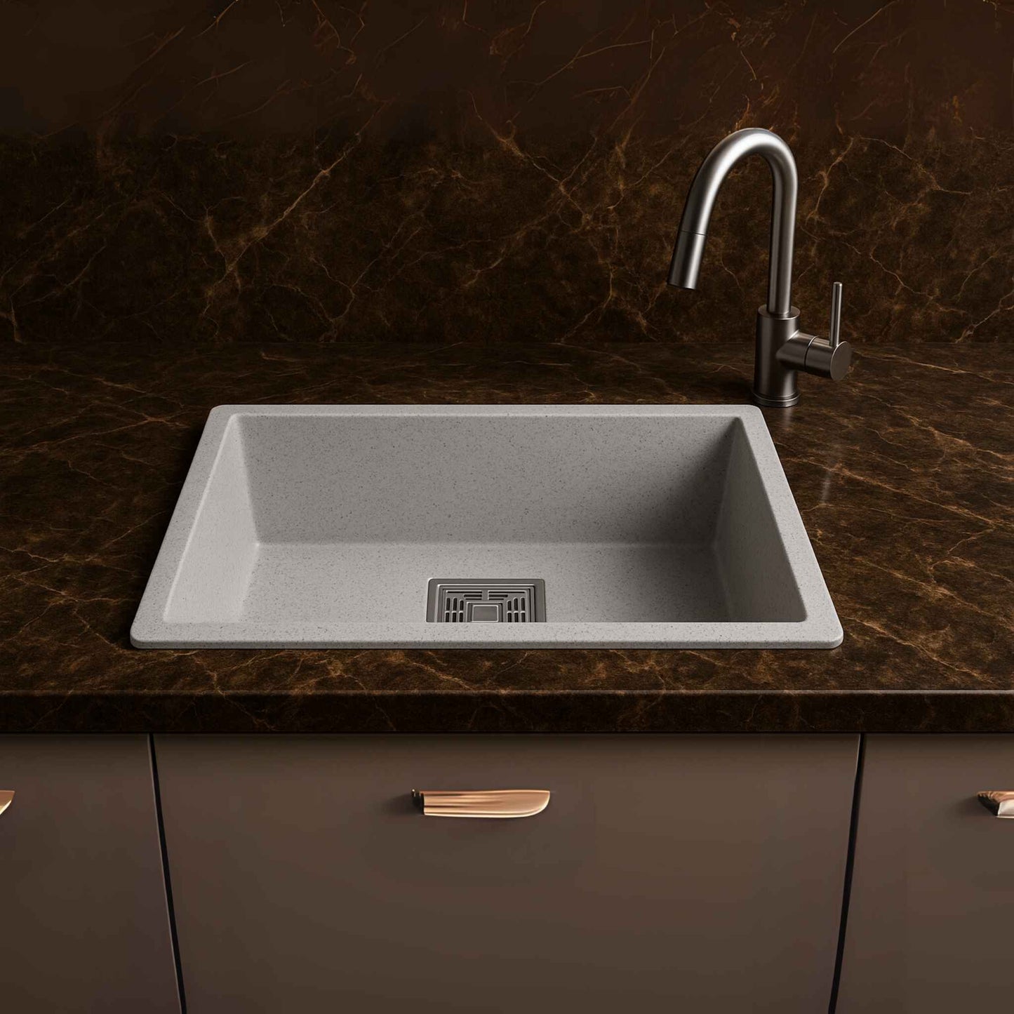 Front view of light grey granite kitchen sink 18x24x9 inches with square drain