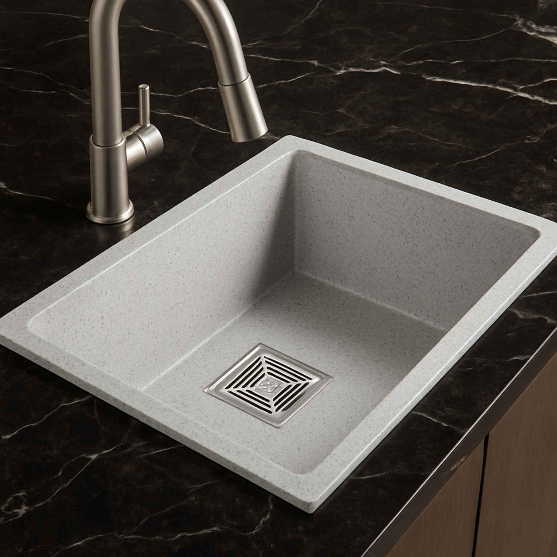 Side angle image of light grey granite sink with luxurious Italian marble countertop