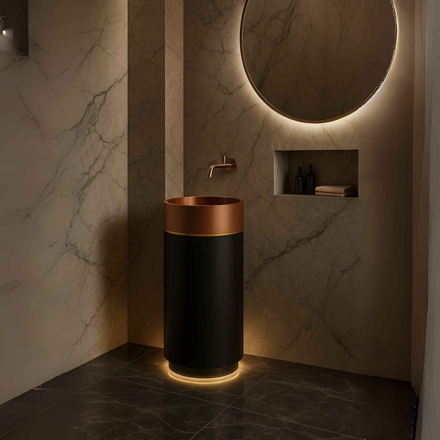 Full luxury bathroom featuring rose gold and black pedestal sink