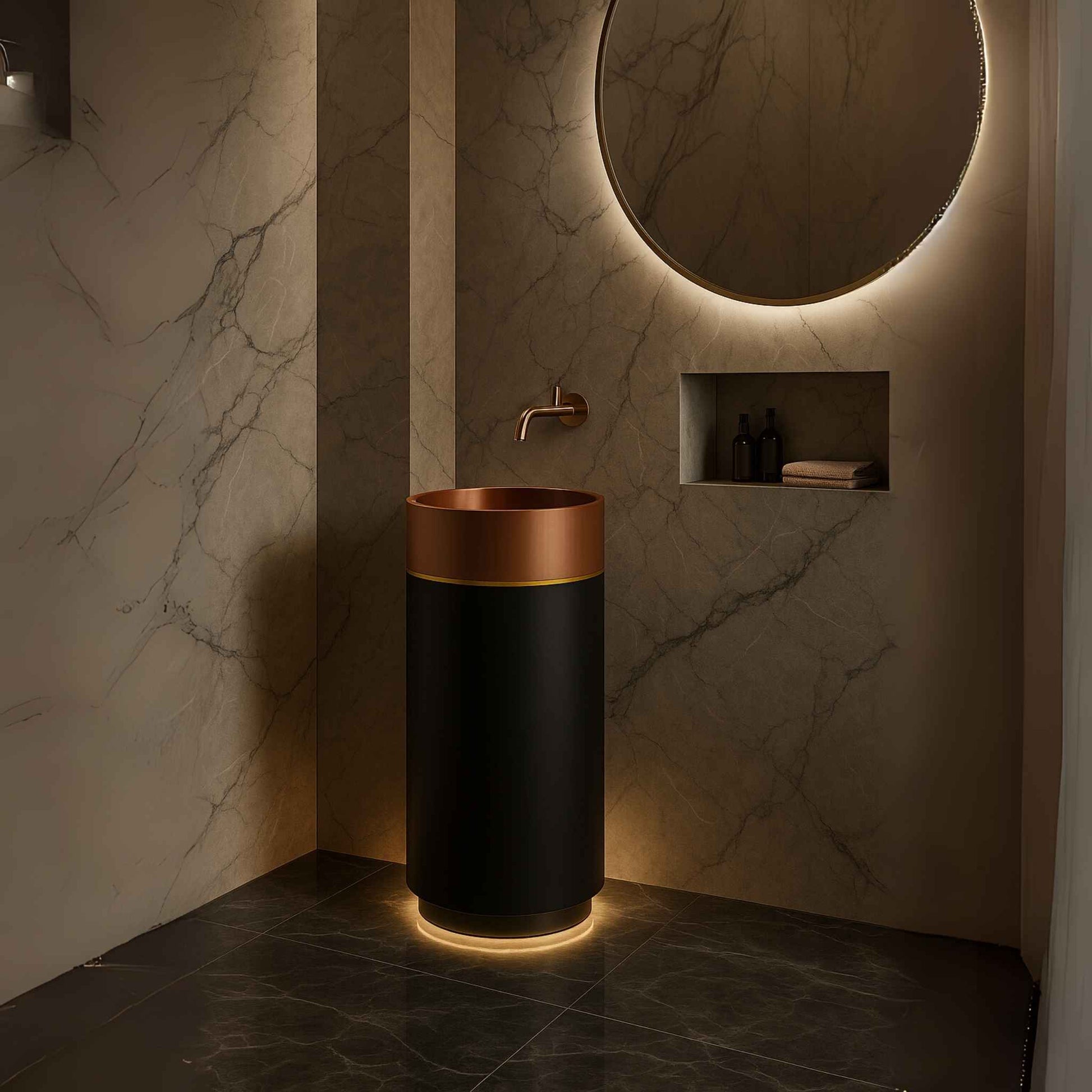 Full luxury bathroom featuring rose gold and black pedestal sink
