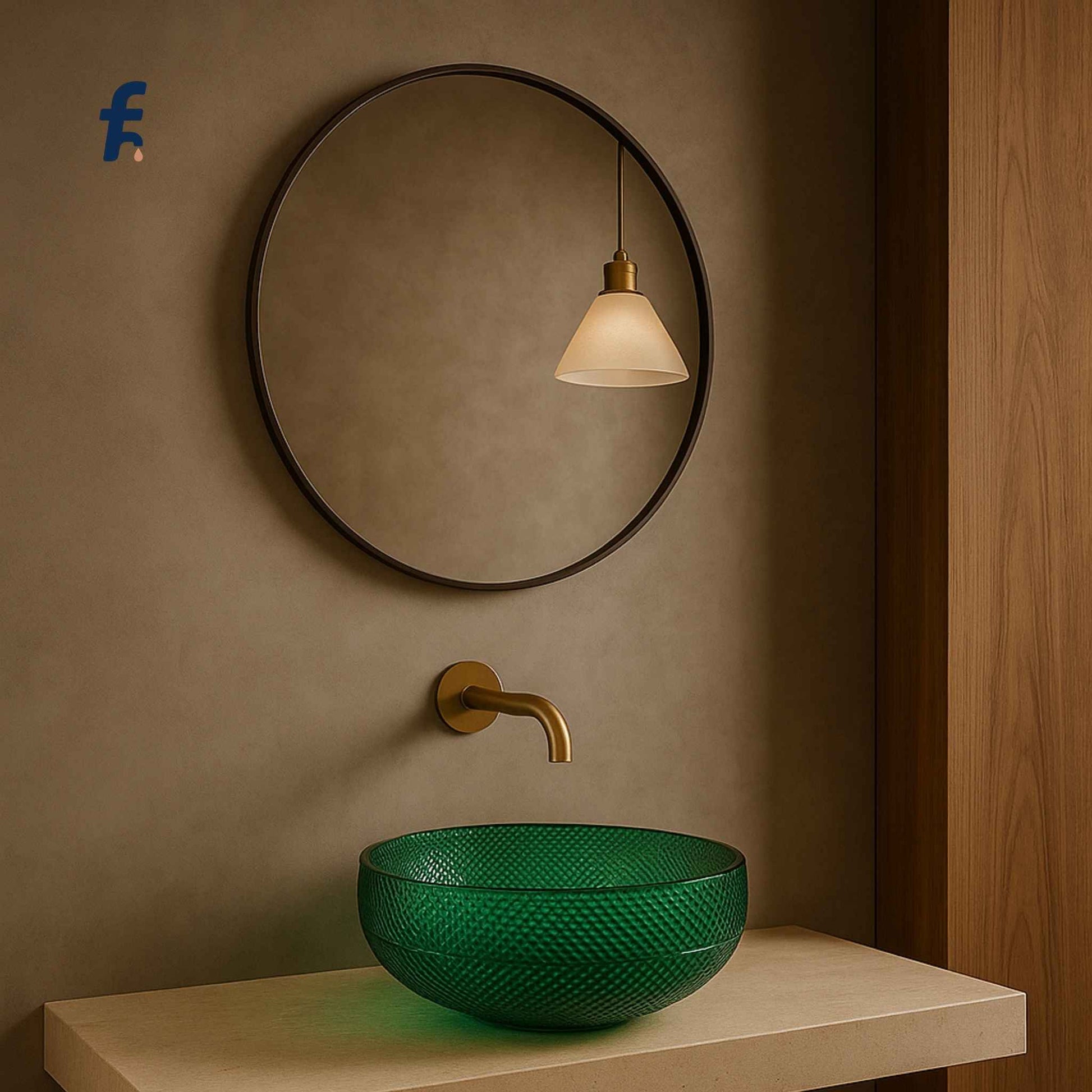 Green glass sink with gold faucet against a brown wall with round mirror