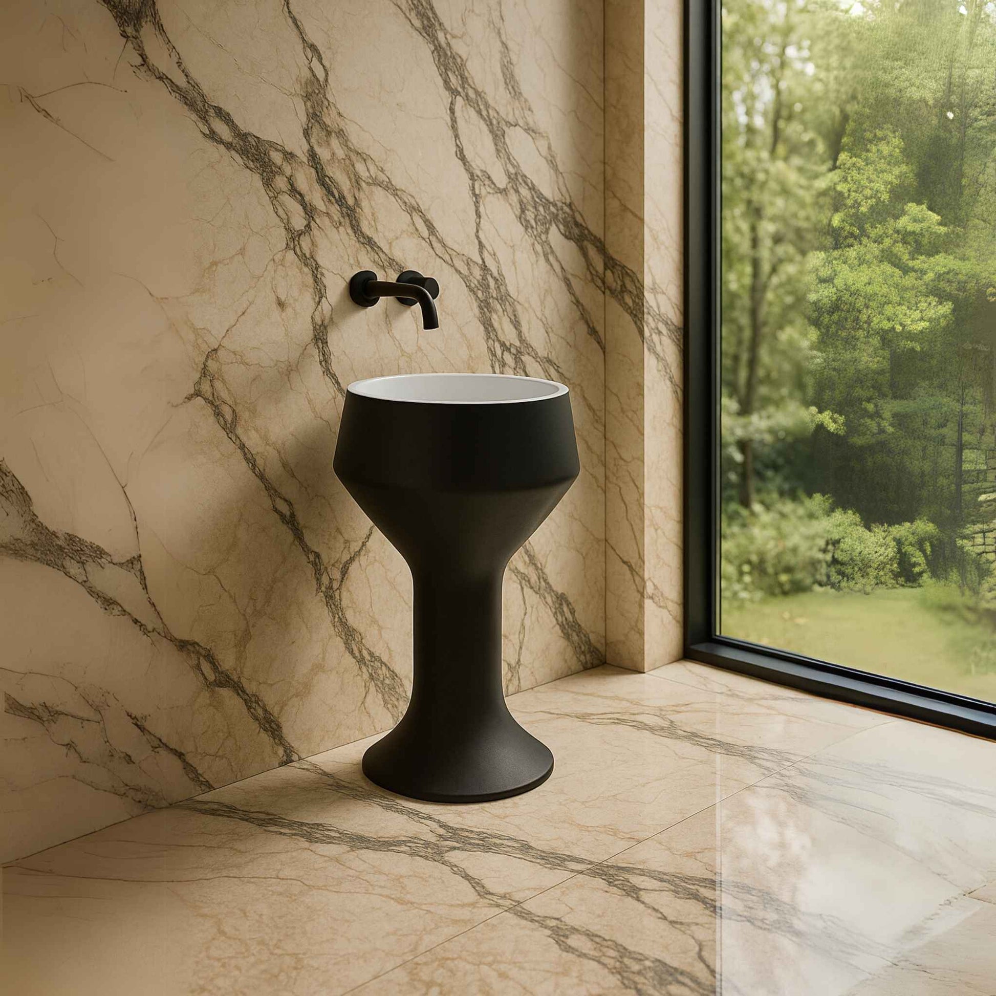 Matte black hourglass pedestal basin placed in spacious marble-clad bathroom