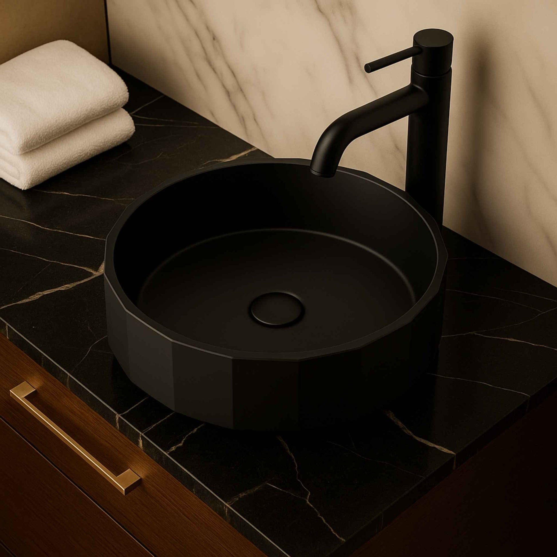 Side view of stainless steel SUS304 black bathroom basin with nano coating.