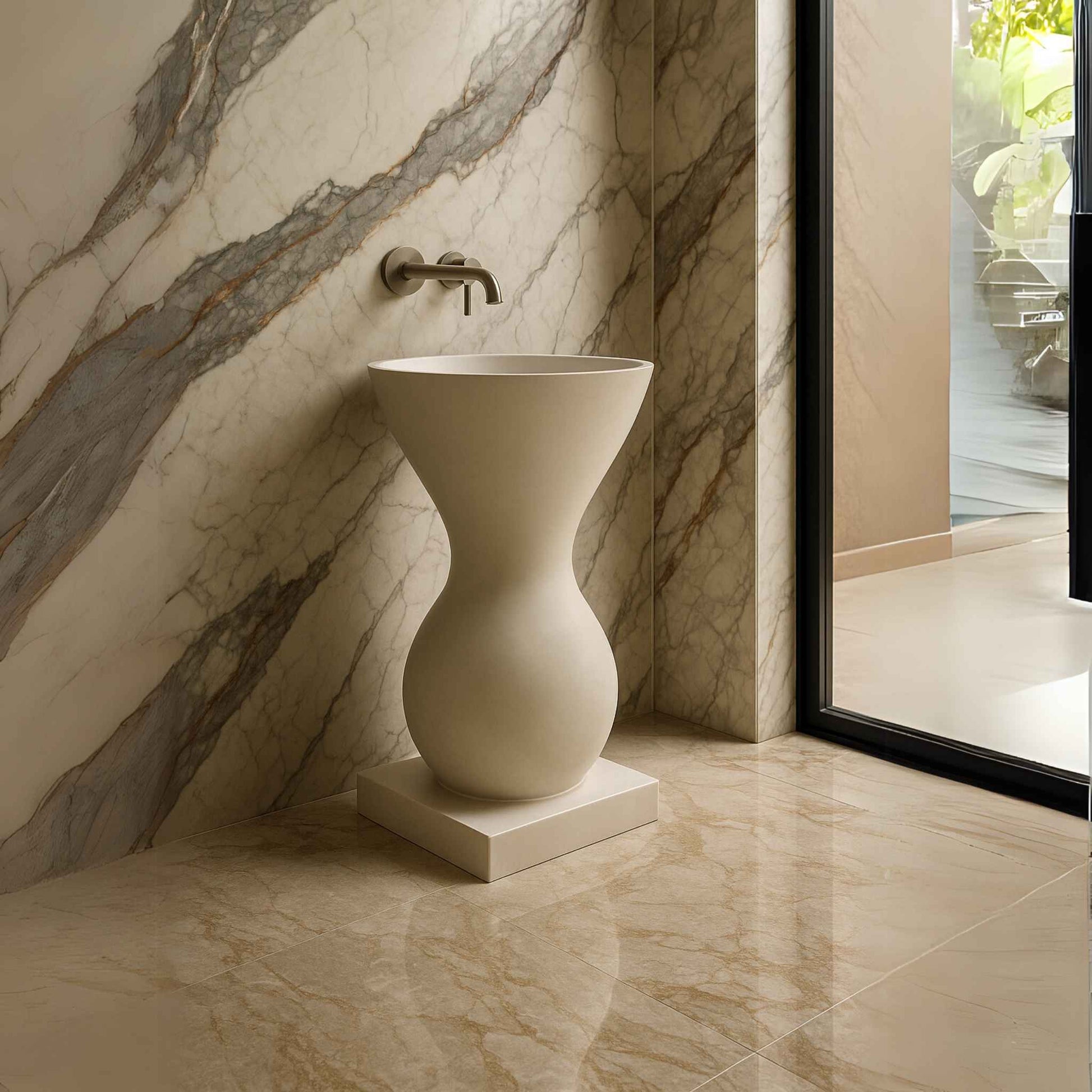 Cream hourglass basin in a luxurious marble-clad designer bathroom