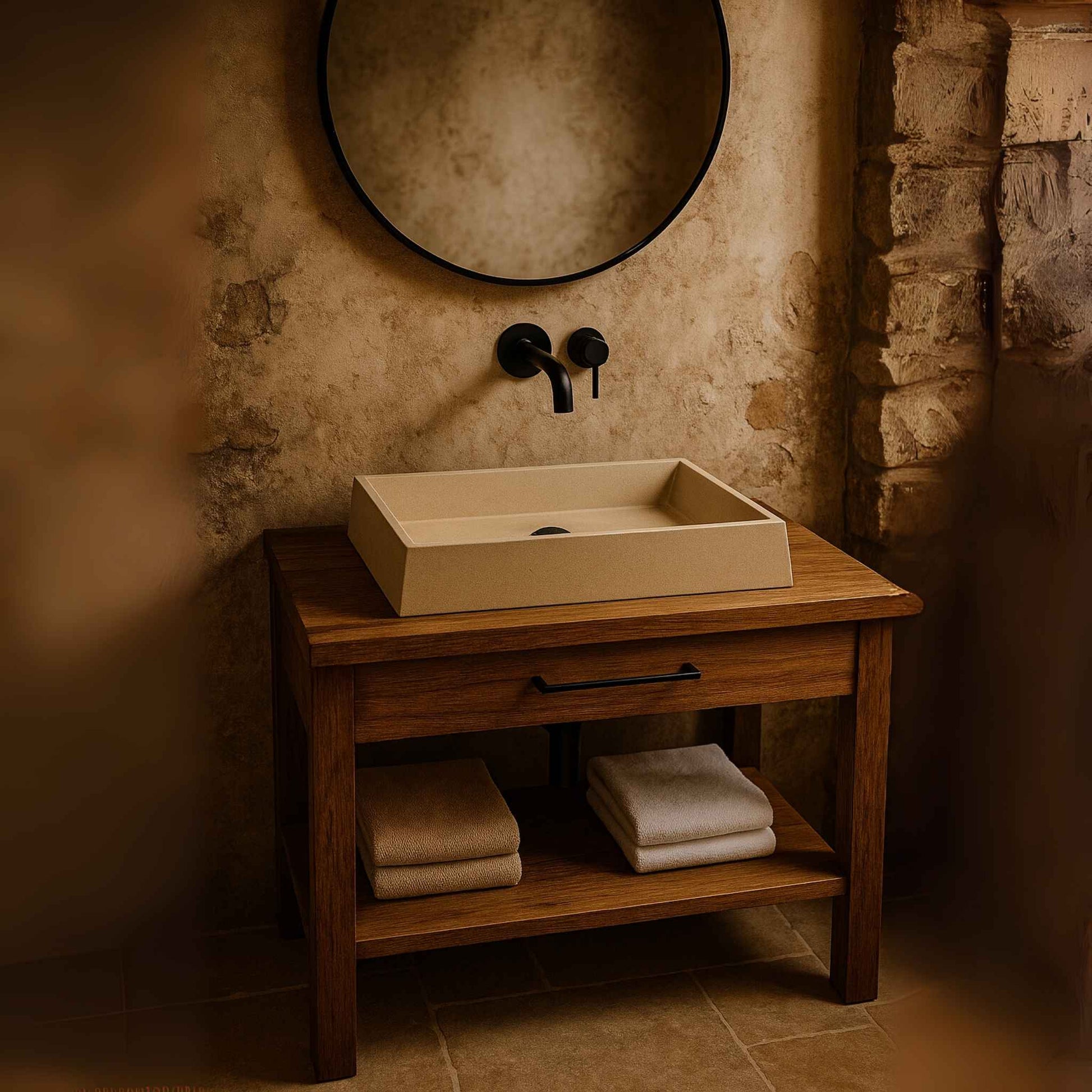 Entry view showcasing designer concrete wash basin in a luxurious setup
