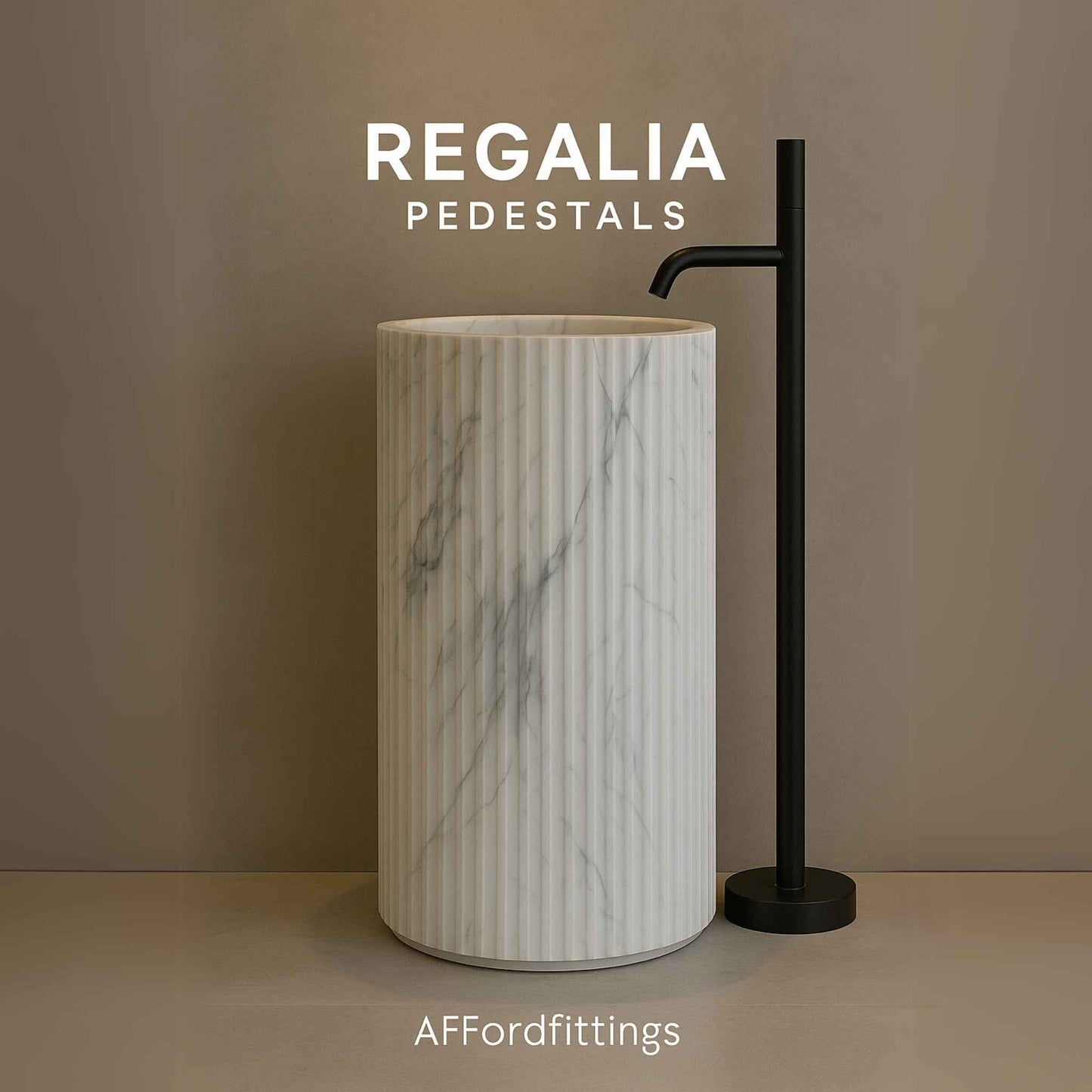 White marble freestanding pedestal basin with gold tap placed in premium marble-clad bathroom
