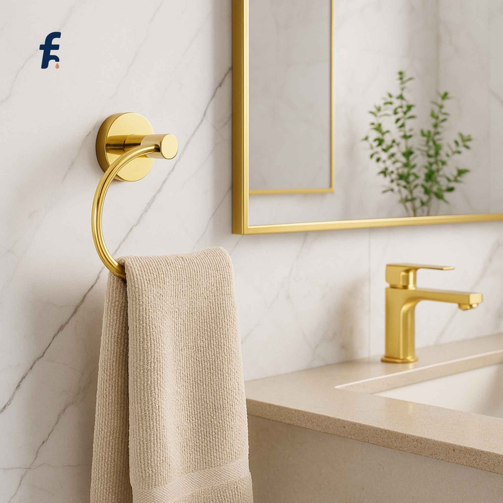 Bathroom with gold towel hook, faucet, and mirror on a marble wall. Premium gold finish napkin ring ideal for modern bathrooms