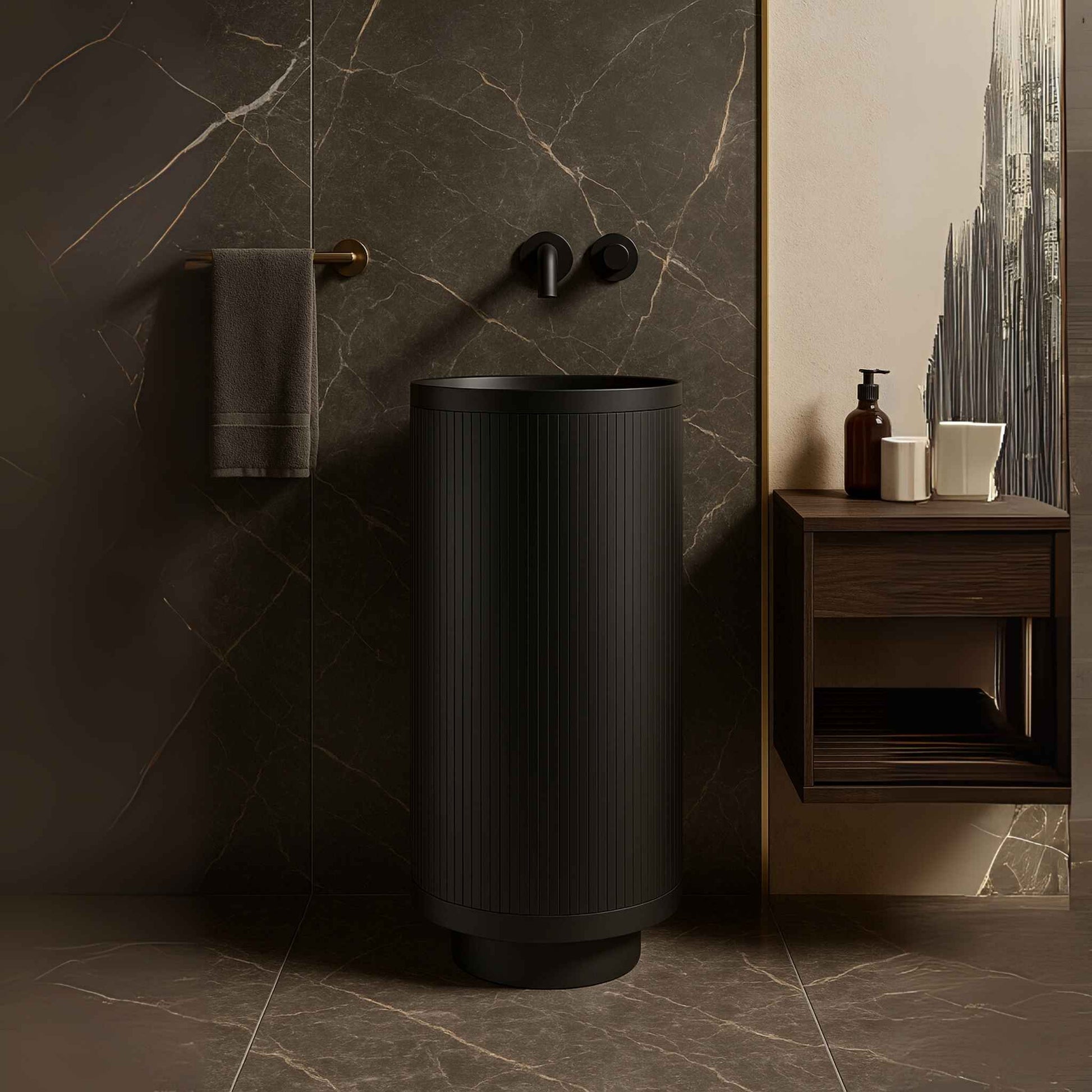 Luxurious bathroom featuring matte black pedestal basin