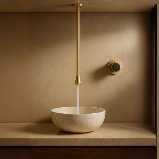 Luxurious bathroom interior featuring ceiling-mounted floor mixer in brushed gun gold finish